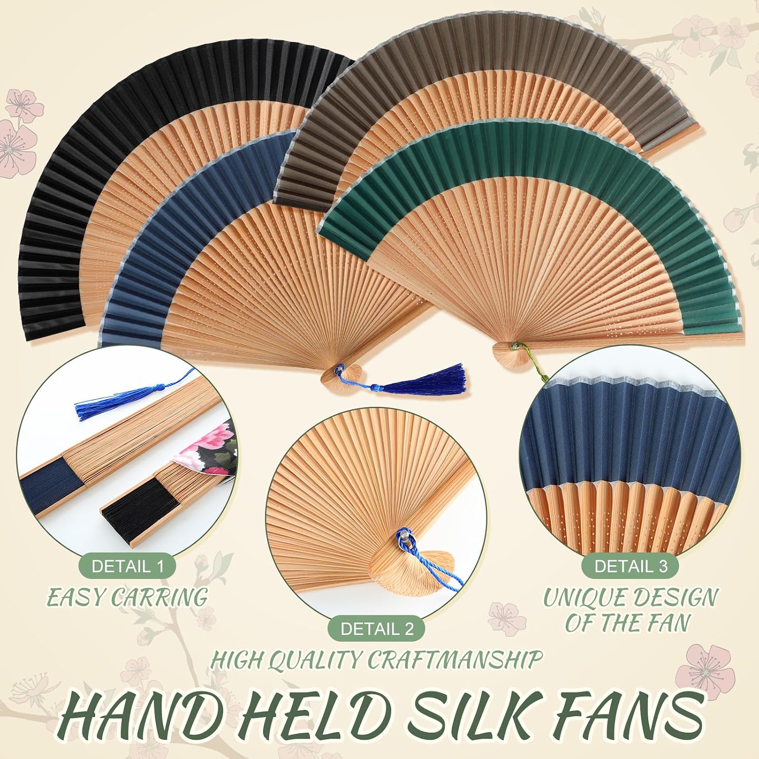 GlikCeil 4Pcs Folding Hand Held Fan for Women Foldable Chinese Japanese Vintage Bamboo Silk Fan Line Dance Popping Accessories for Music Festival Wedding Church Decoration Gift(Cool Color)