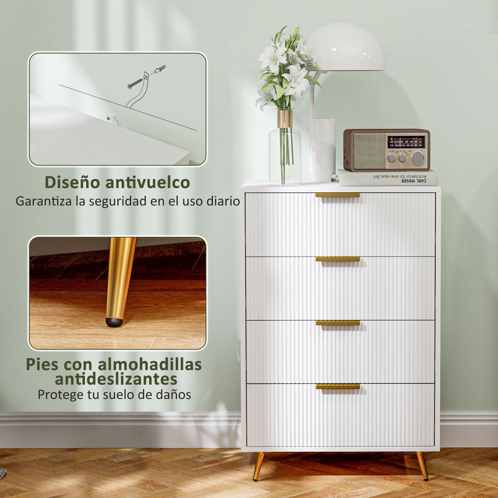 HOMCOM Cómoda con 4 Cajones Frentes con Diseño Ondulado 60x40x90 cm Blanco | Cómoda de Dormitorio Moderno, Anti-vuelco, Cajonera para Salón Pasillo