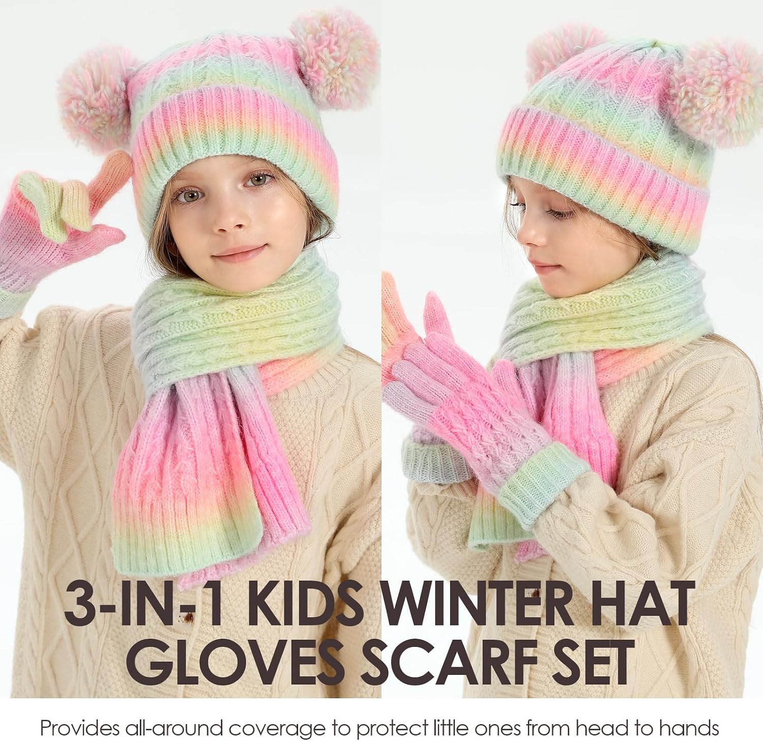 Kids Winter Hat Gloves Scarf Set for 2-15 Years Girls Warm Fleece Lined Pompom Beanie Hat Neck Warmer and Gloves