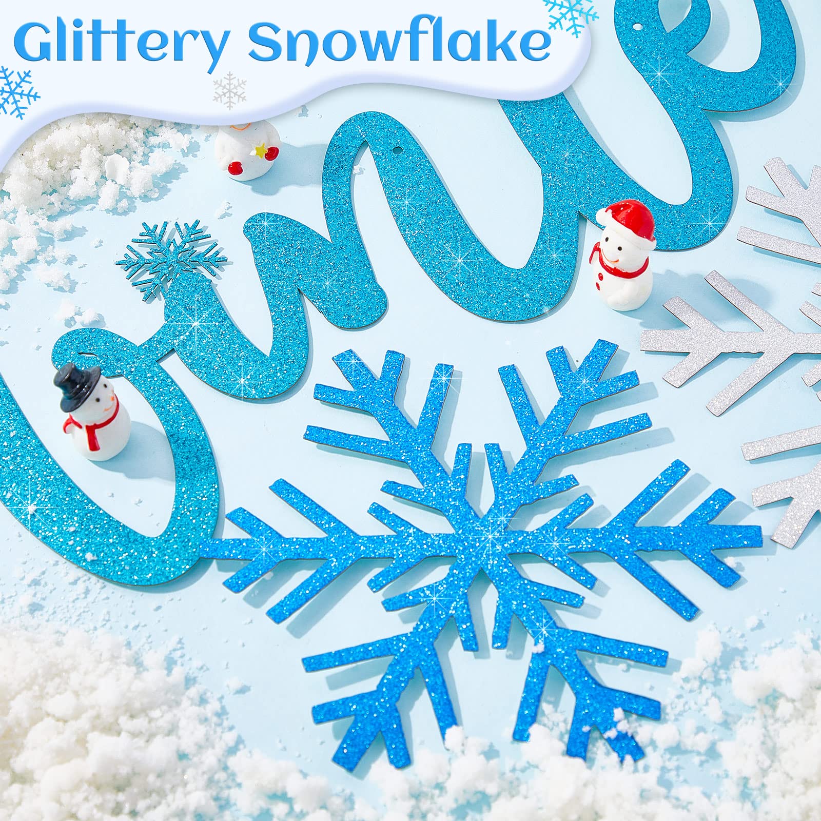 Amylove 2 Pcs Hello Winter Banner 9.8 Feet Winter Decorations Snowflake Garland Banner Glittery White and Blue Party Decorations for Wonderland Baby Shower - Image 2