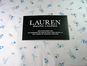 Lauren Ralph Lauren Small Floral Blue Print Sheet Set White Ground 100% Cotton King