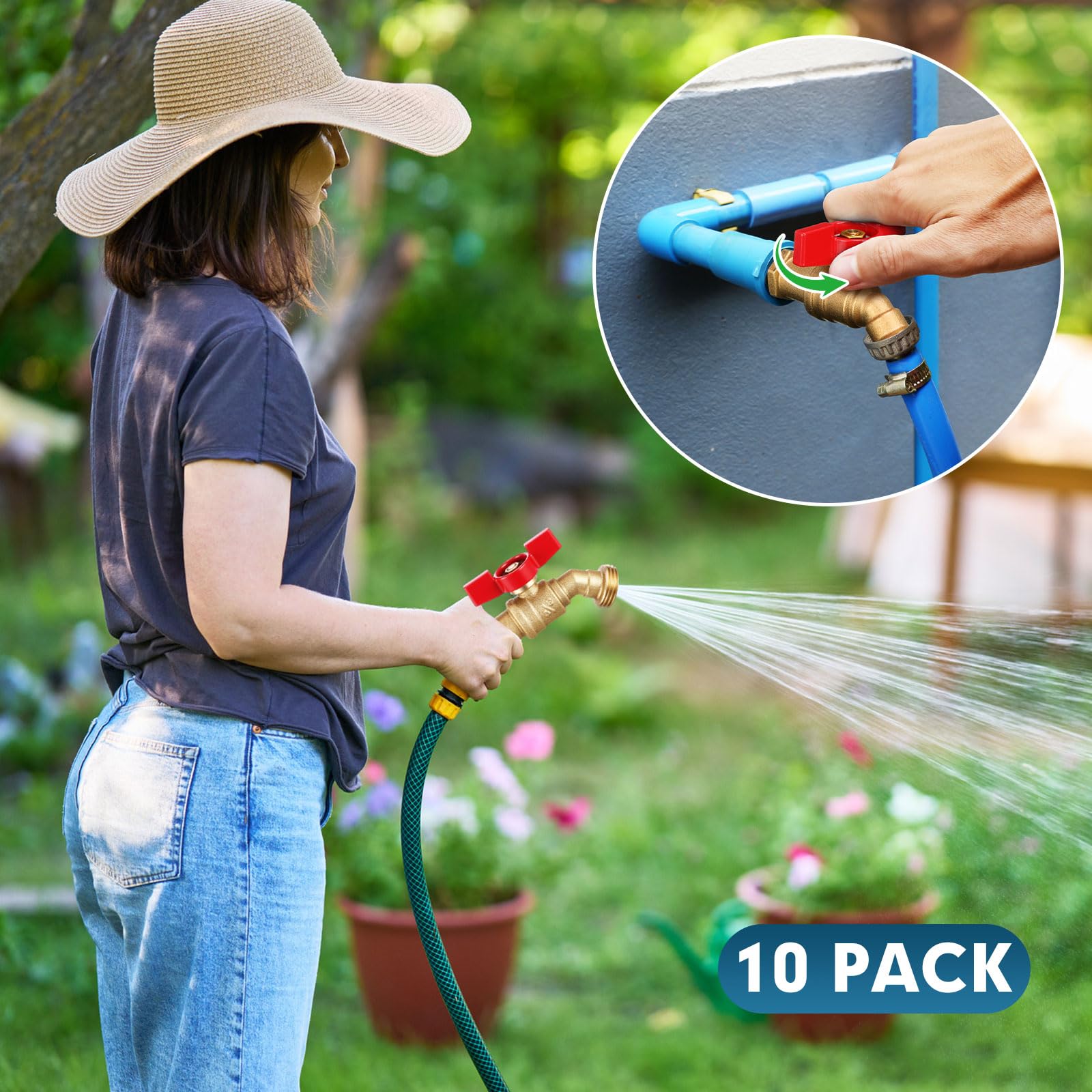 VIHOSE Paquete de 10 baberos macho para manguera, 1/4 de vuelta para manguera de agua de latón para exteriores, válvula de cierre resistente para jardín, patio al aire libre (rojo, 3/4 pulgadas Mip x
