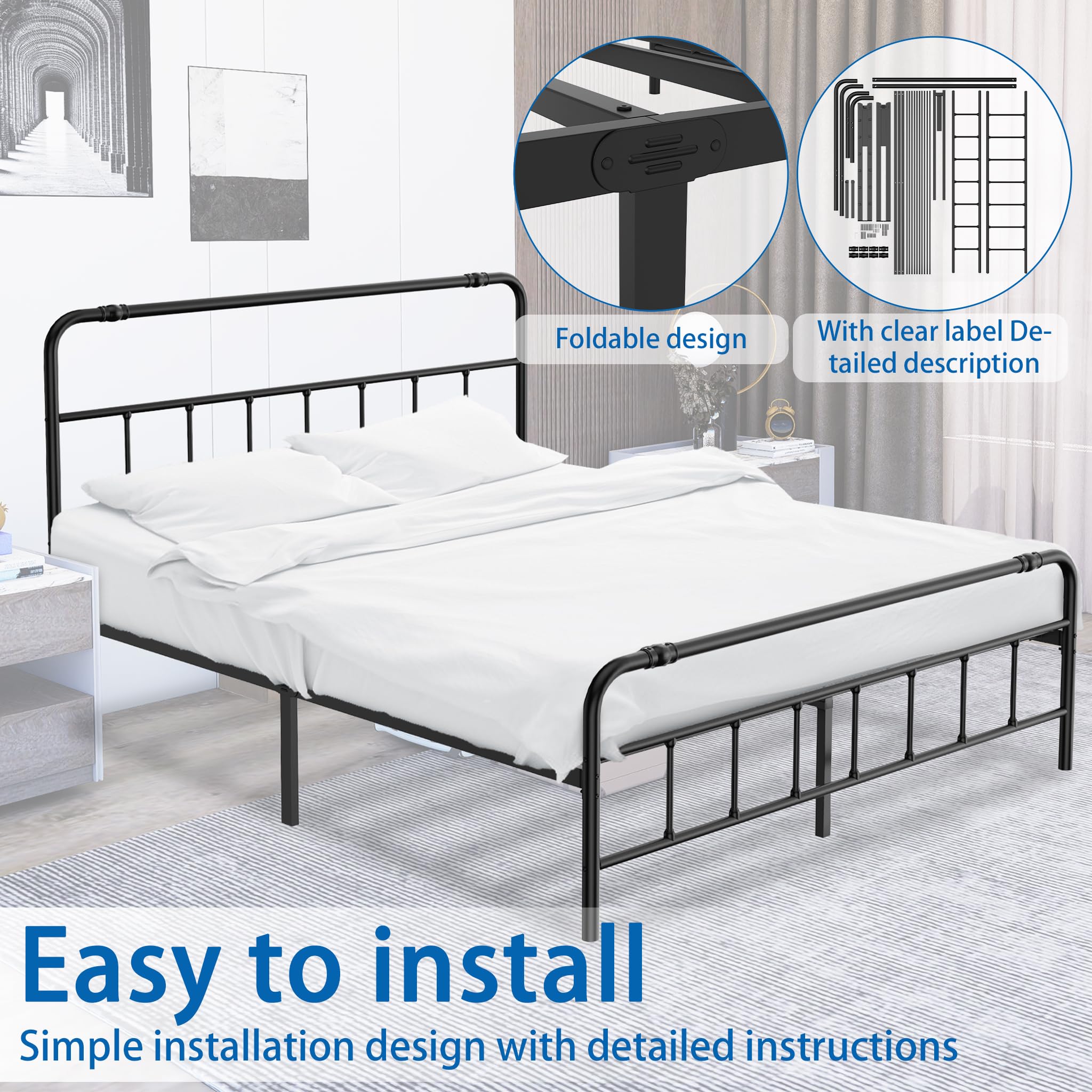 NAIZY Estructura de cama de 160 x 200 cm, con respaldo de metal, marco de cama con somier, cama de metal de 42 cm de altura, para dormitorio y habitación de invitados