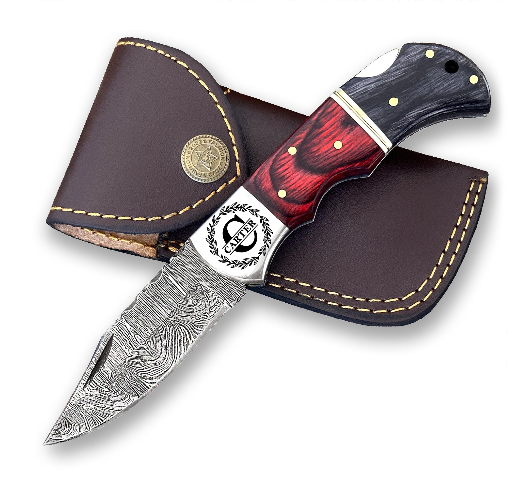 WINTERFELL Personalized Engraved Folding Pocket Knife for Men, Customized Christmas Gifts for Husband, Dad, Boyfriend, Damascus Steel Groomsman Gift