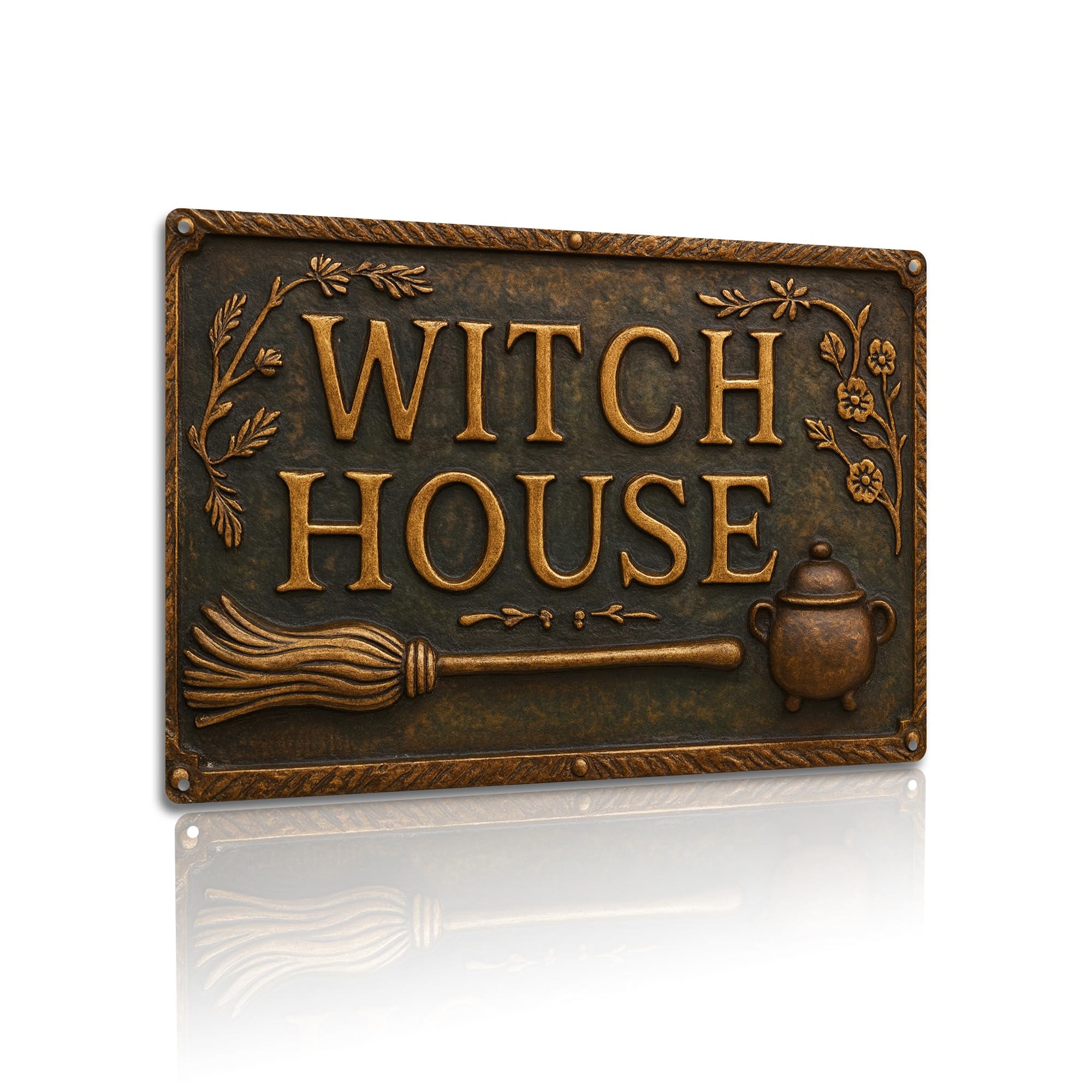 2D Witch House Aluminum Wall Art – Vintage Style Decorative Sign with Broom and Cauldron 8x12 Inches (2598)