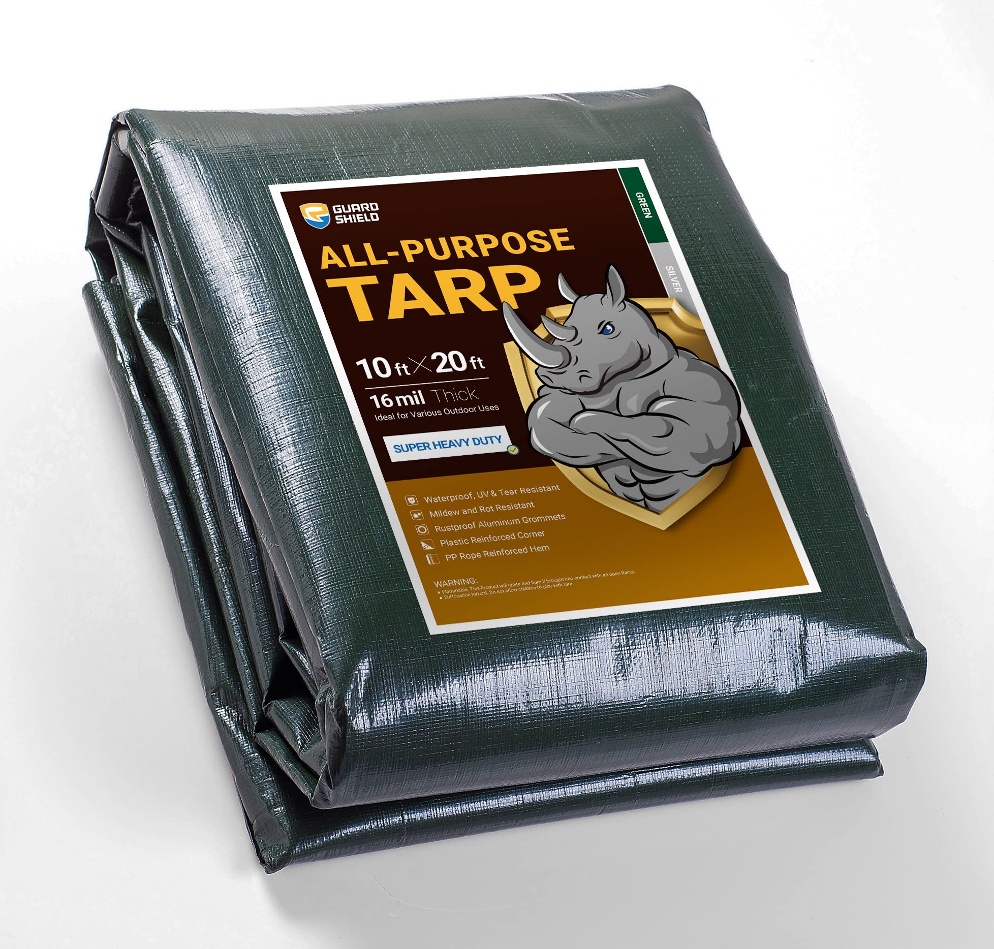 GUARD SHIELD Super Heavy Duty Green/Silver Poly Tarp Cover 10x20 Feet Waterproof 16mil Thick UV and Tear Resistant Tarpaulin with Grommets and Reinforced Edges