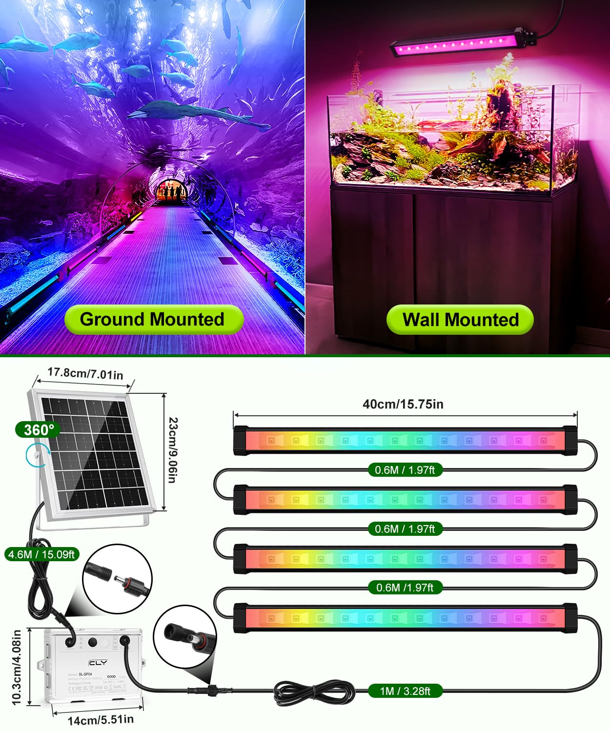 CLV Zewnętrzna lampa solarna RGB IP66 6000MAH 9 kolorów 5 trybów dynamicznych z pilotem