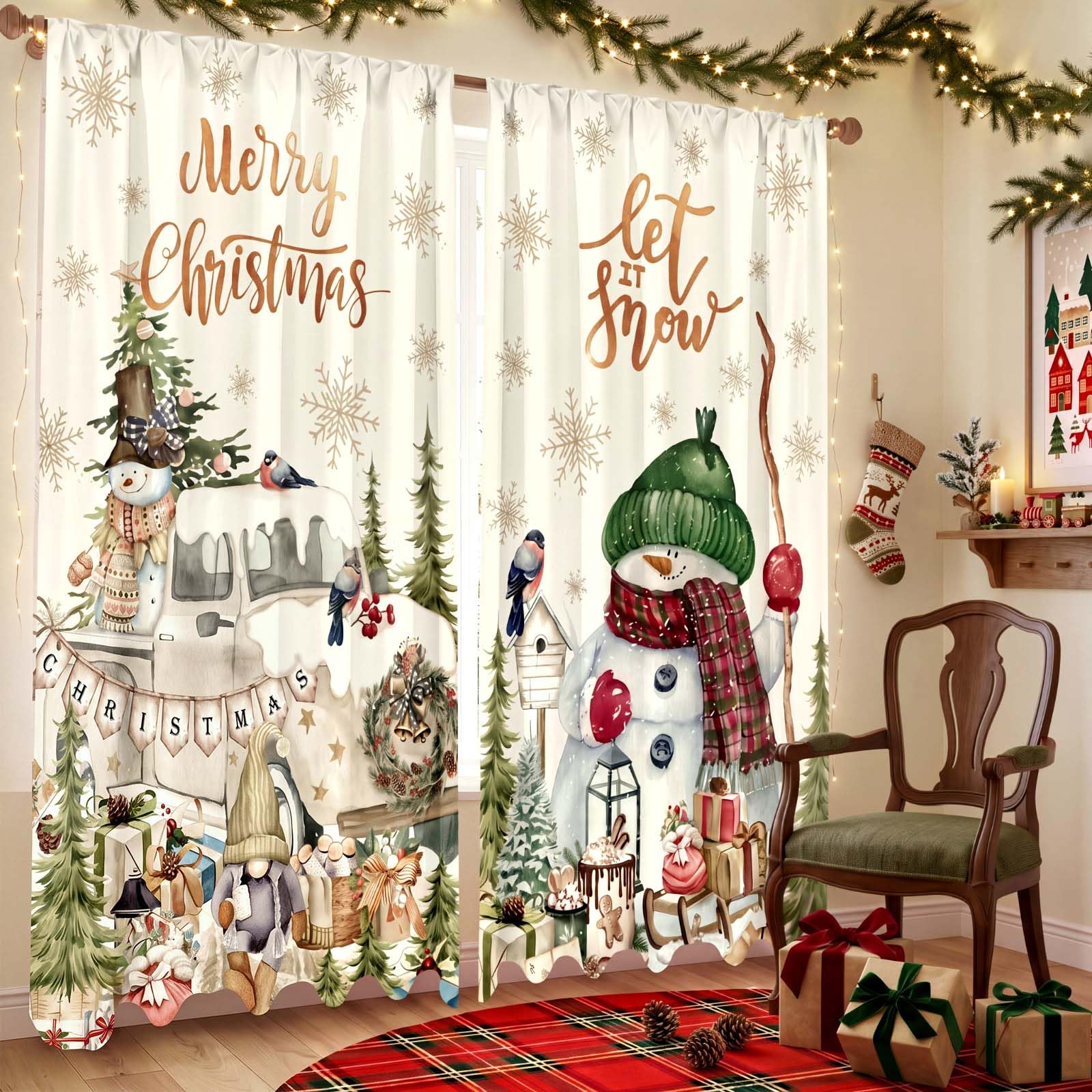 SmoothNovelty 2 Pcs Christmas Curtains for Living Room Snowman Xmas Tree