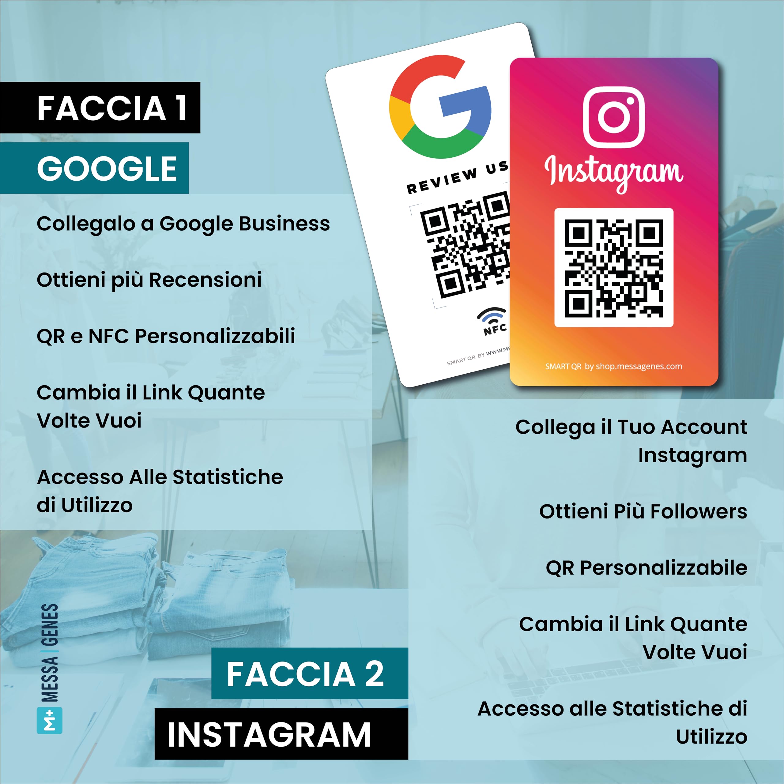 Carta Riutilizzabile per Recensioni Google con QR & NFC Toccabile - Pack 2 - iPhone & Android - Configura a Casa | MESSAGENES