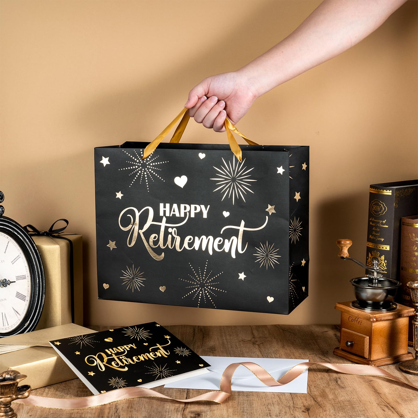 LeZakaa Happy Retirement Gift Bag, Black Goil Foil Hearts Stars Fireworks Design with Tissue Paper and Greeting Card for Men Women, 13" x 10" x 5", 1 Pcs
