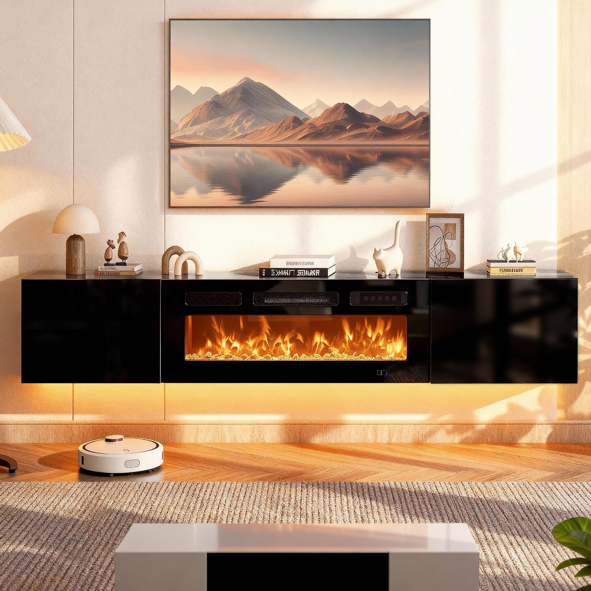 - 70'' Floating TV Stand, Modern Media Entertainment Center with 36" Electric Fireplace, TV Console Cabinet Wall Mounted, Adjustable 12-Color LED Lights, for Living Room, Black + Black