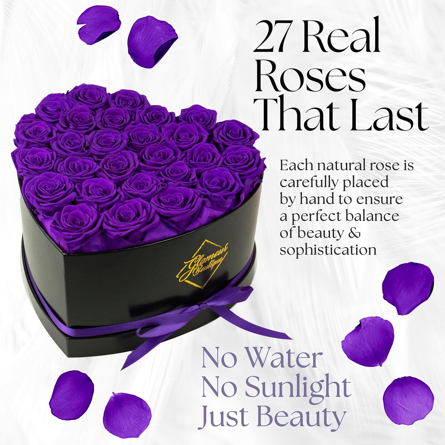 GLAMOUR BOUTIQUE 27 Flower Forever Heart Shape Box, Eternal Preserved Roses Gift for Her, Lasting Flowers, Premium Floral Heart Box for Birthday, Anniversary or Valentine’s Day, Purple (Color-Treated) - Image 2