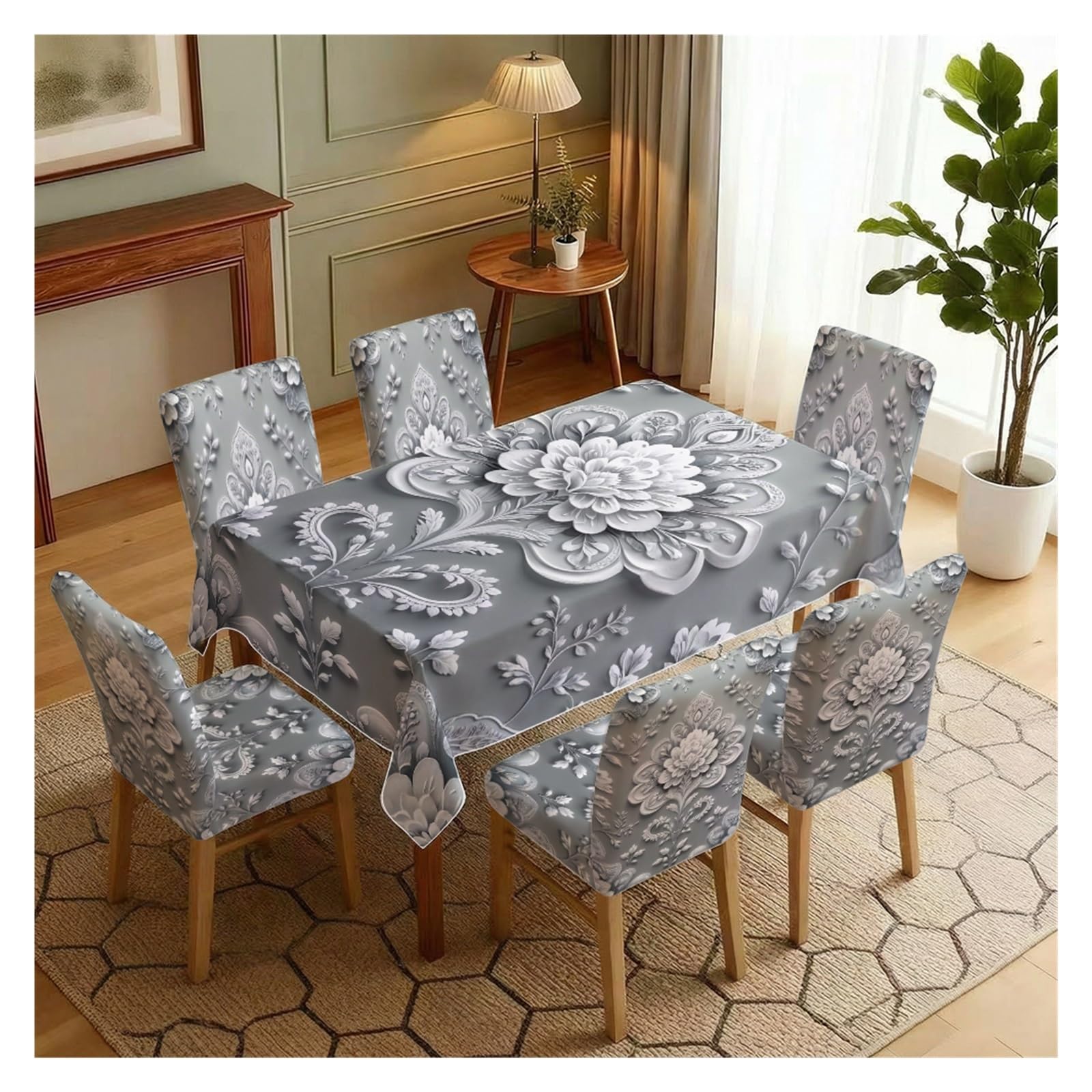 KXUAUV Vintage Grey Floral Print Tablecloth And Chair Covers Set, Stretch Slipcovers For Daily Banquet Café Farmhouse Dining Room Decor, 5/7 Pack Party Decor(7pcs Set: Tablecloth+Chair Covers)