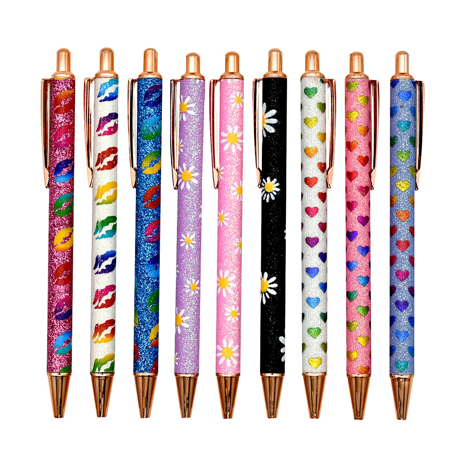 Lopenle 9 PCS Sparkle Glitter Heart Pens Metal Daisy Flower Pen Retractable Ballpoint Pen Lip Print Pen For Wedding Women Ladies School Party Office