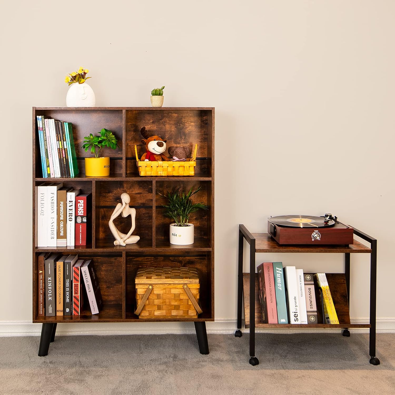 Cube Bookshelf 3 Tier Mid-Century Modern Bookcase with Legs,Retro Wood Bookshelves Storage Organizer Shelf,Free Standing Open Book Shelves,Rustic Brown Display Bookcases for Bedroom,Living Room,Office : Home & Kitchen