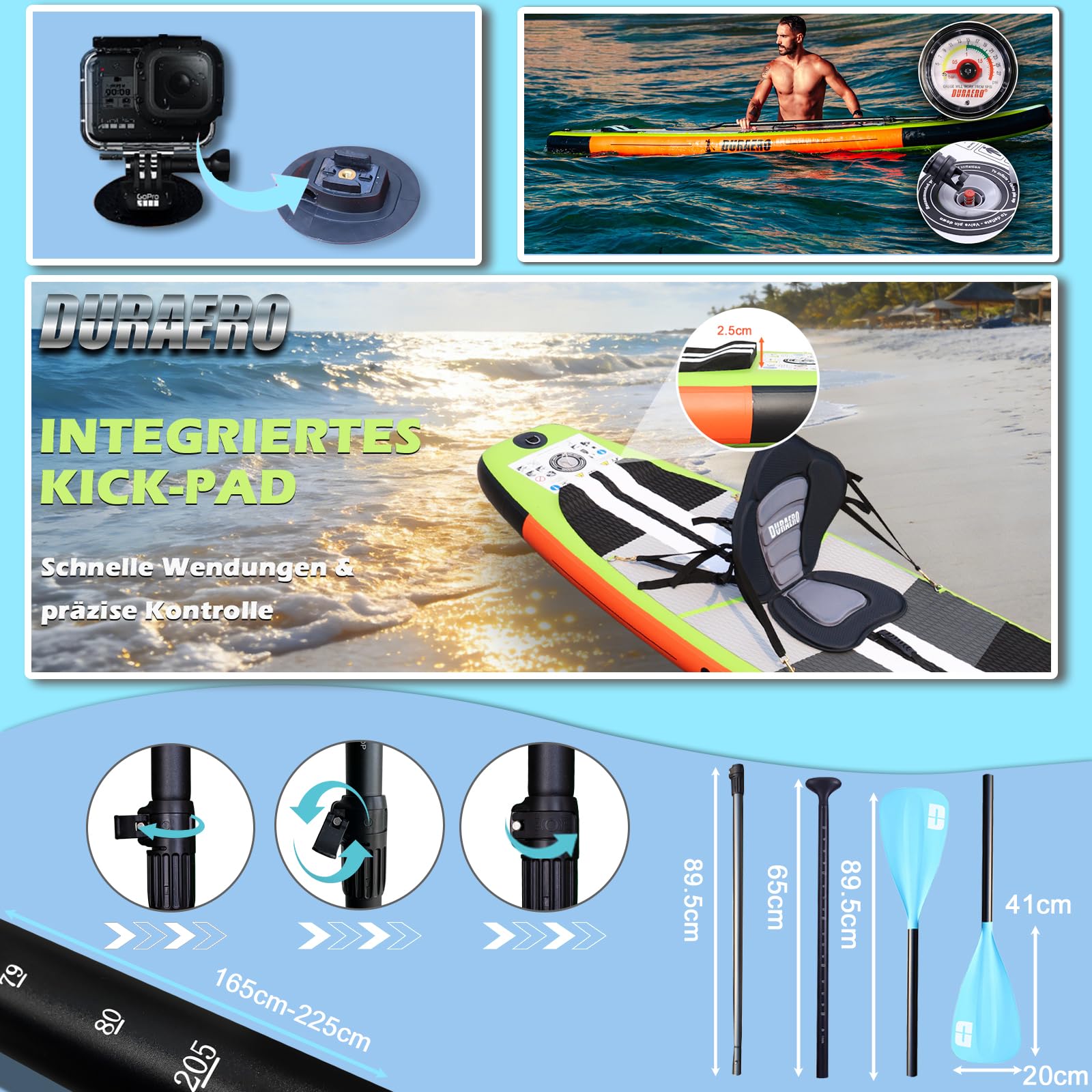 Planche de paddling Stand up paddling SUP - Siège kayak - 330 x 76 x 15 cm - Jusqu'à 150 kg - Coussinet intégré - 3 Finlandais - Double pagaie réglable - Accessoires complets