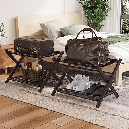 Smuxee Fully Assembled Brown Luggage Racks Pack of 2, Upgraded Bamboo Foldable Suitcase Stand with 5 Nylon Straps, Luggage Holder with Shelf for Guest Room Bedroom Hotel