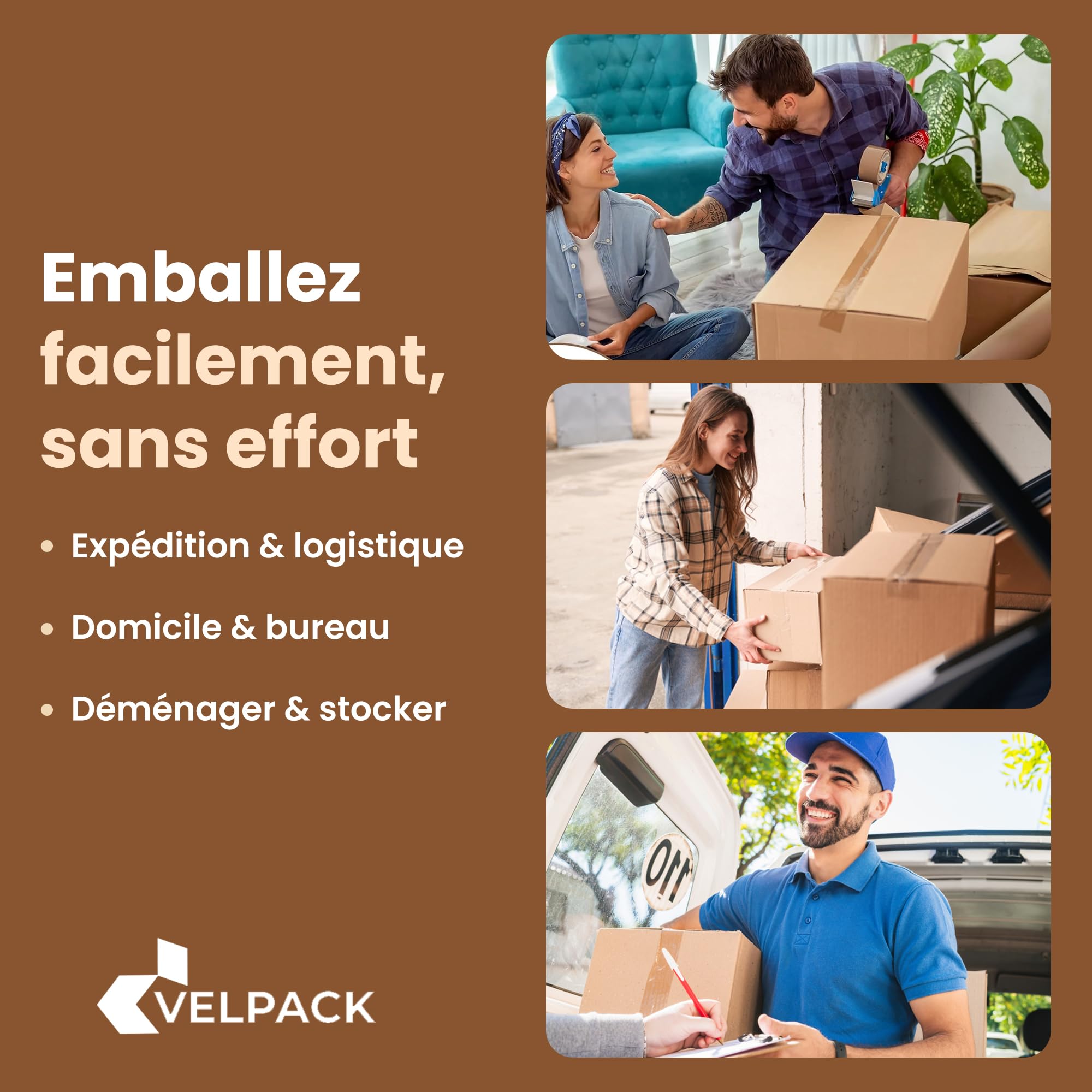 ELPACK Lot de 24 Rouleaux Ruban Marron Déménagement — Ruban Adhésif Emballage 50 mm x 66m Large Acrylique Silencieux pour Cartons Colis et Expédition