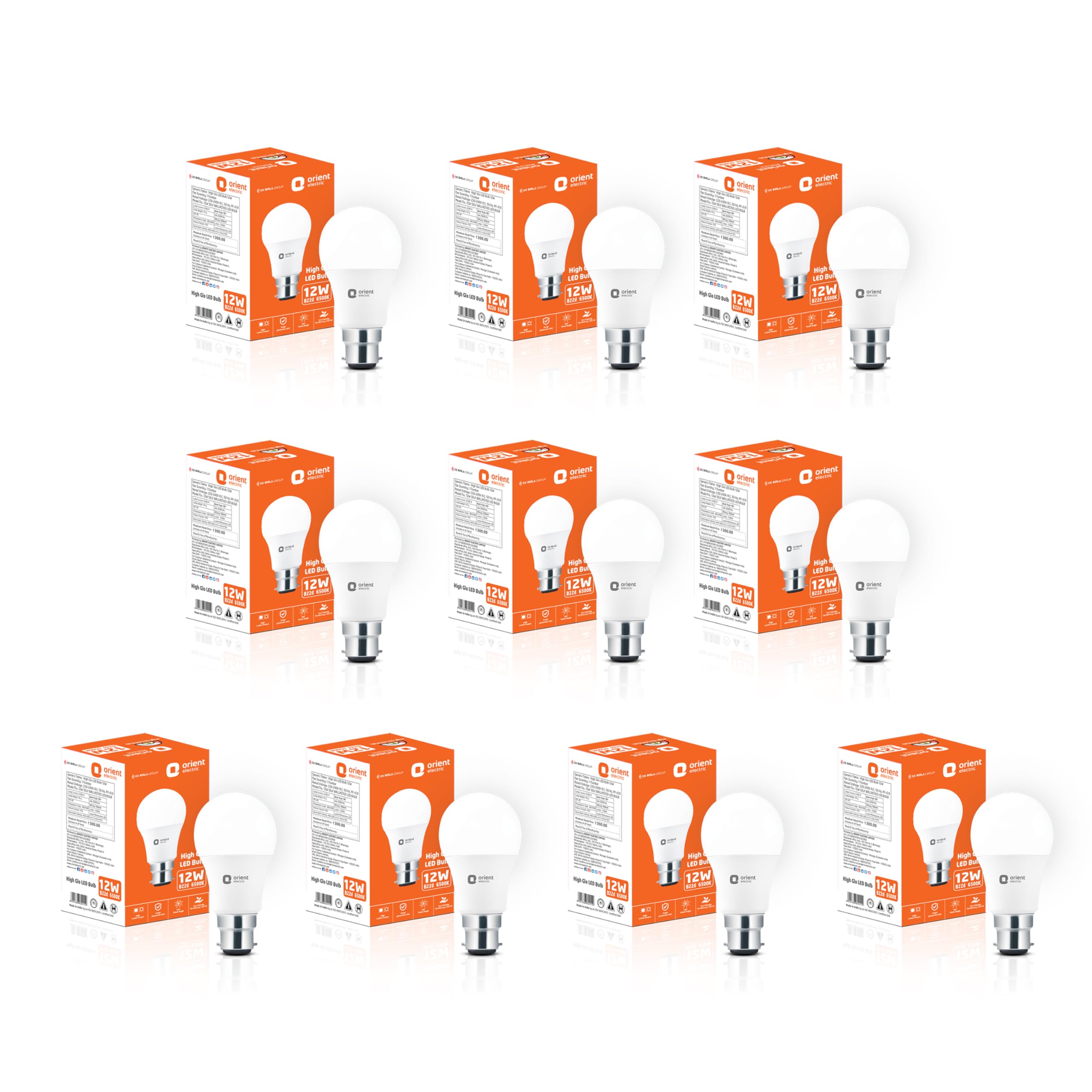 Orient Electric Eternal 12W High Glo LED Lamp | Up to 4 kV surge protection | 6500K, Cool White| B22D base| Made in India| Pack of 10