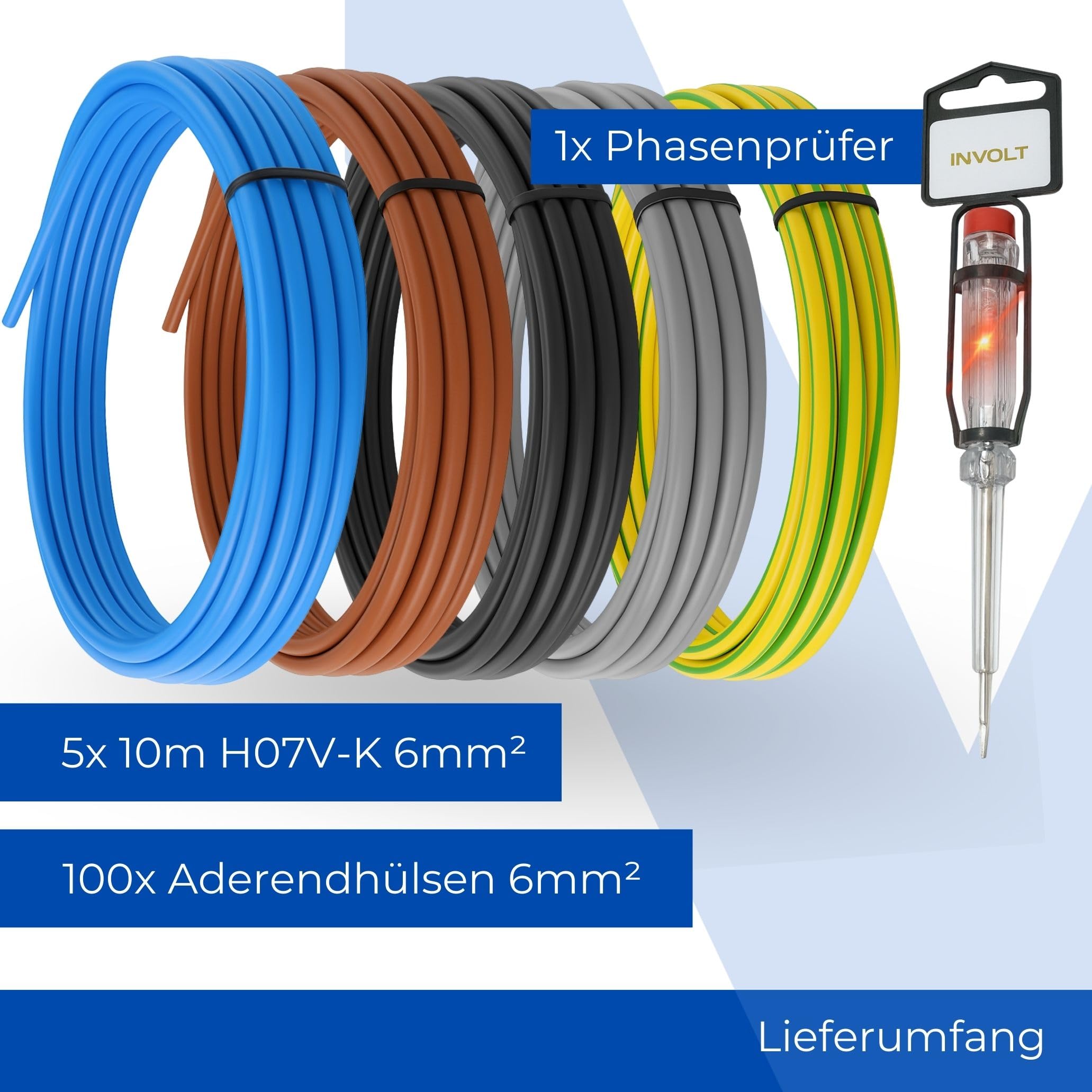 H07V-K - Juego de 5 cables de cableado de 6 mm², cable individual, negro, azul, marrón, gris, verde-amarillo con terminales y comprobador de tensión (10 m + 100 casquillos)