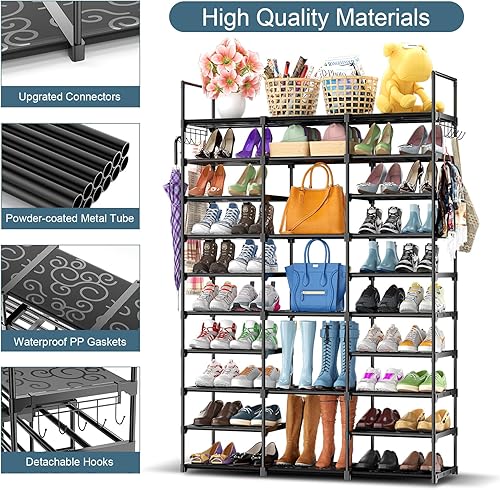 Miniatura 4 de Kottwca Zapatero grande de 3 filas y 10 niveles para entrada de armario, 60 a 65 pares de zapateros, estante de metal para zapatos, vertical y