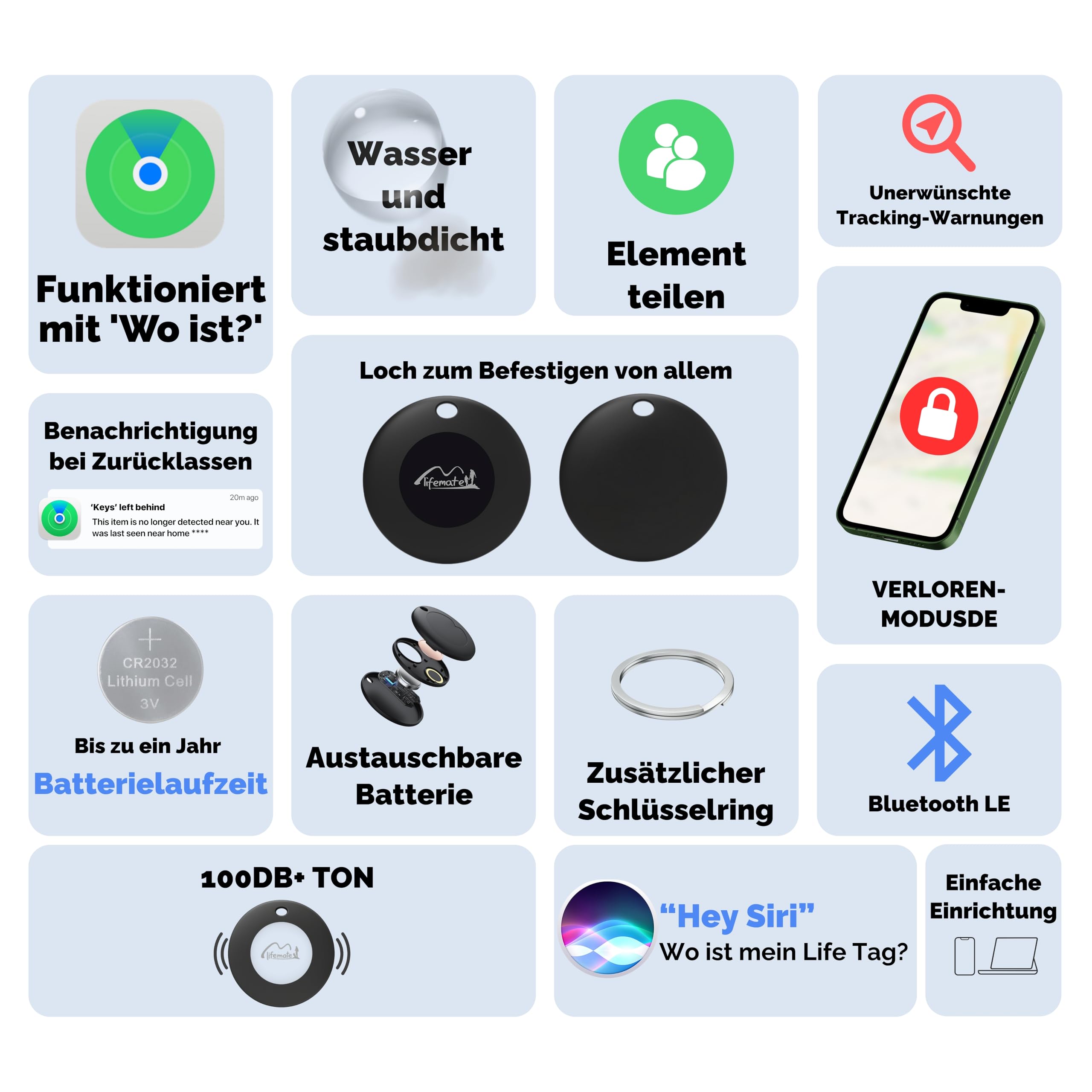 Lifemate Life Tag 8er-Pack für Apple „Wo ist?” Netzwerk – IP67 Wasserfest, 12 Monate Batterie, Lost Mode mit Ton, Einfache Koppelung Pet Tracking Device