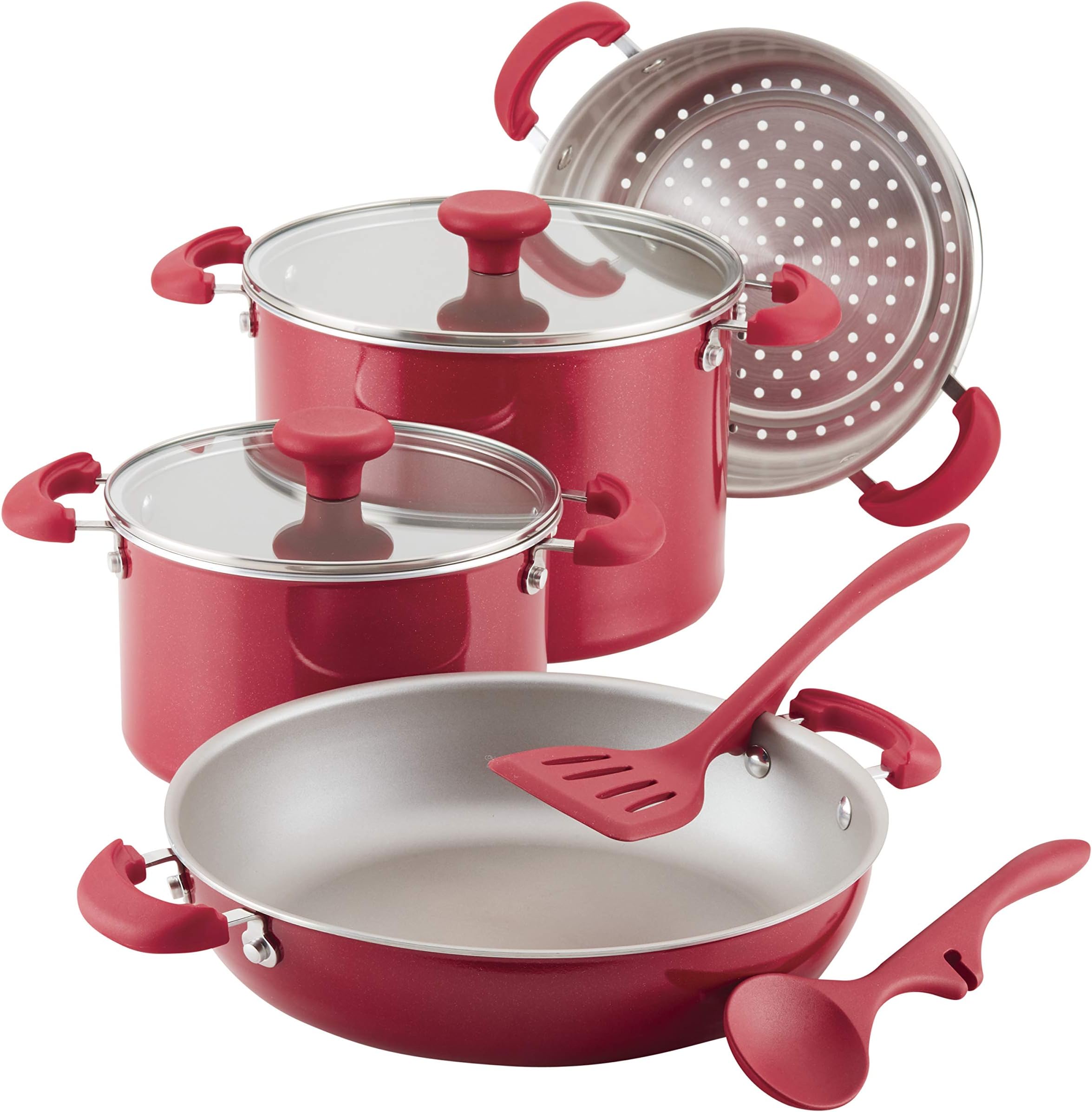 Rachael Ray 12166 8-Piece Create Delicious Stackable Nonstick Cookware Set, Red Shimmer