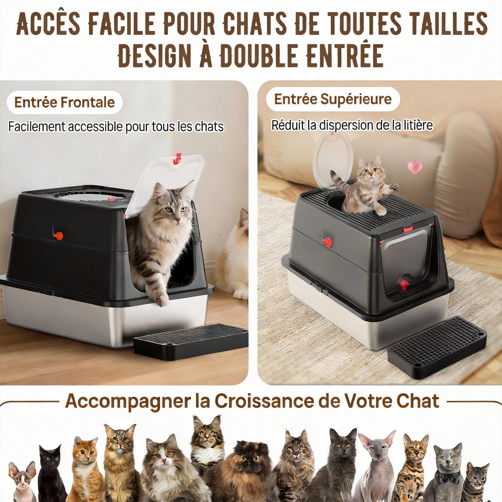 Bac à litière en Acier Inoxydable, métal SUS304, Couvercle Rabattable Amovible et Conception fermée à Bords Hauts, Toilettes pour Chat XXL | Contrôle des odeurs | Anti-fuites | avec Pelle, pédale