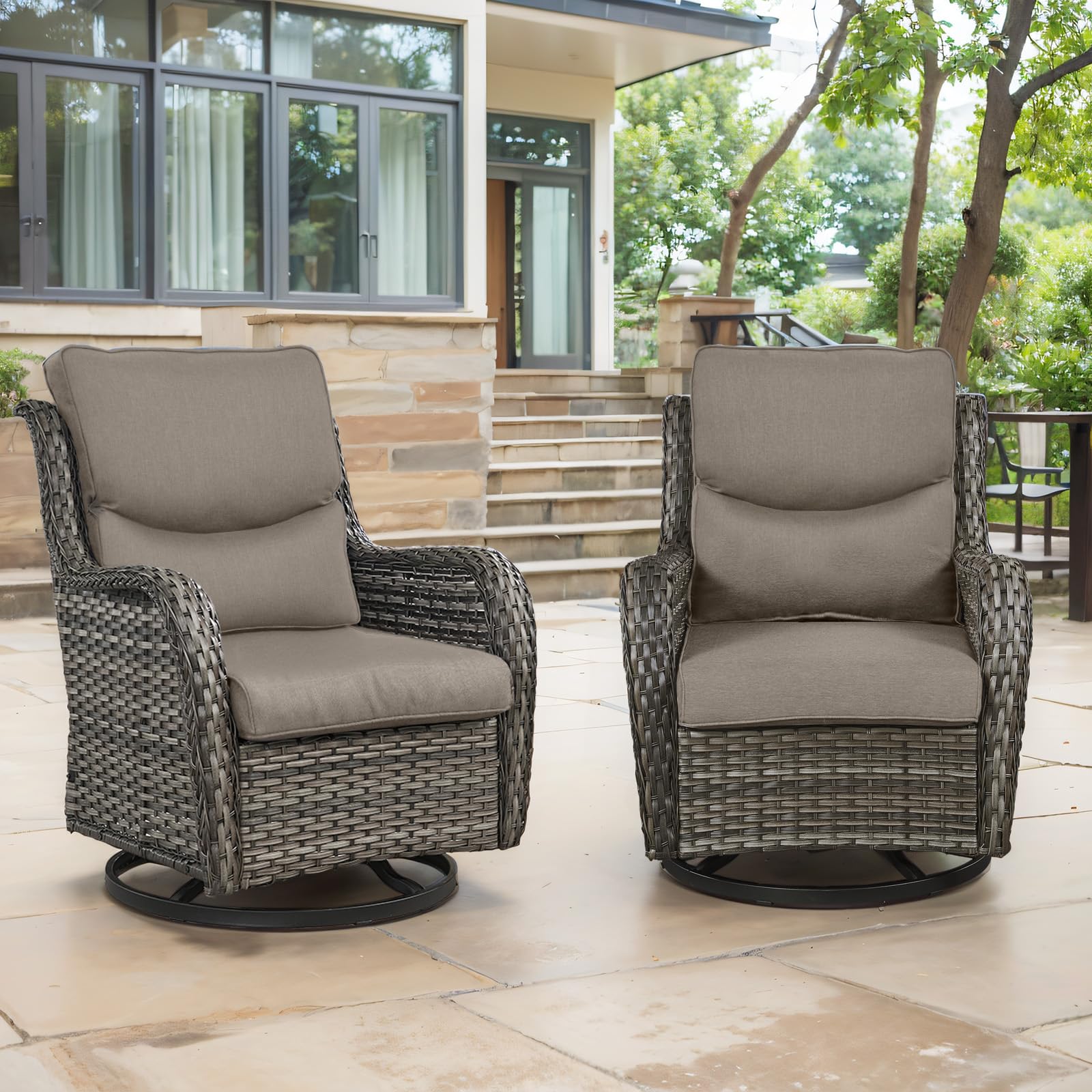 Artfurniz Swivel Patio Chairs Set of 2 with 5" Thick Cushion - Wicker Outdoor Swivel Rocker Patio Chairs, High Back Comfortable Outdoor Glider Chairs