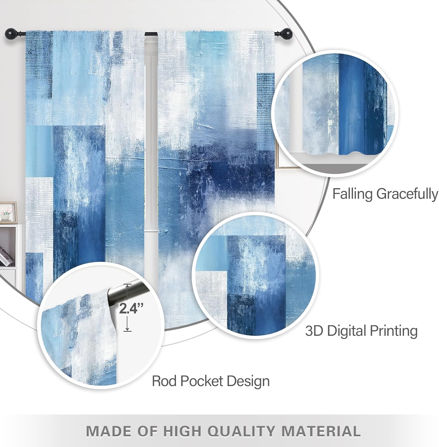 Riyidecor Navy Blue Abstract Modern Curtains Contemporary Cool Mens Rustic Contemporary Aesthetic Oil Painting Boys Teens Brown Rod Pocket Bedroom Living Room Treatment Fabric 2 Panels 52Wx84H Inch