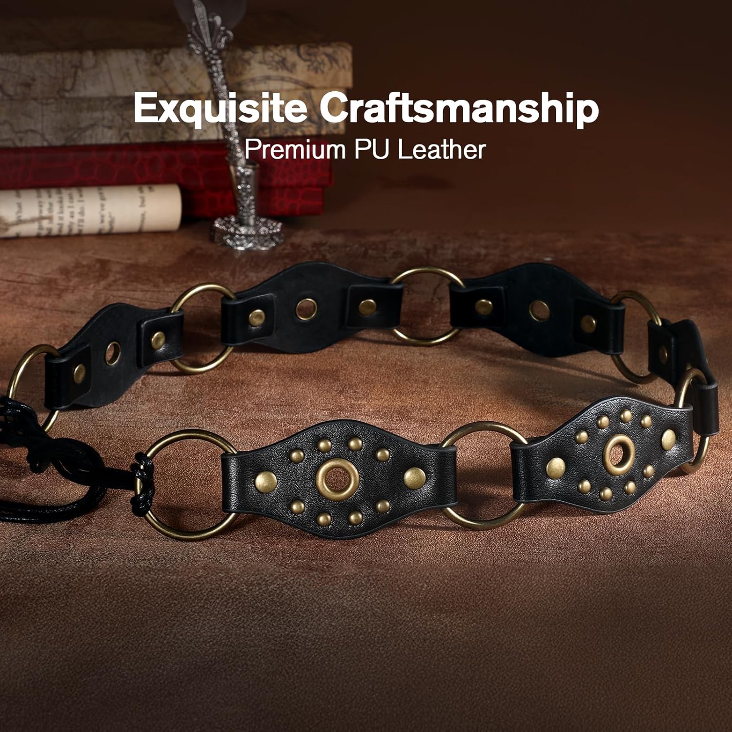 SANSTHS Women Western Bohemian Rope Braid Belt with Metal Rings, Rivets & Engraved Discs, Versatile for Festival Street Style - Image 5