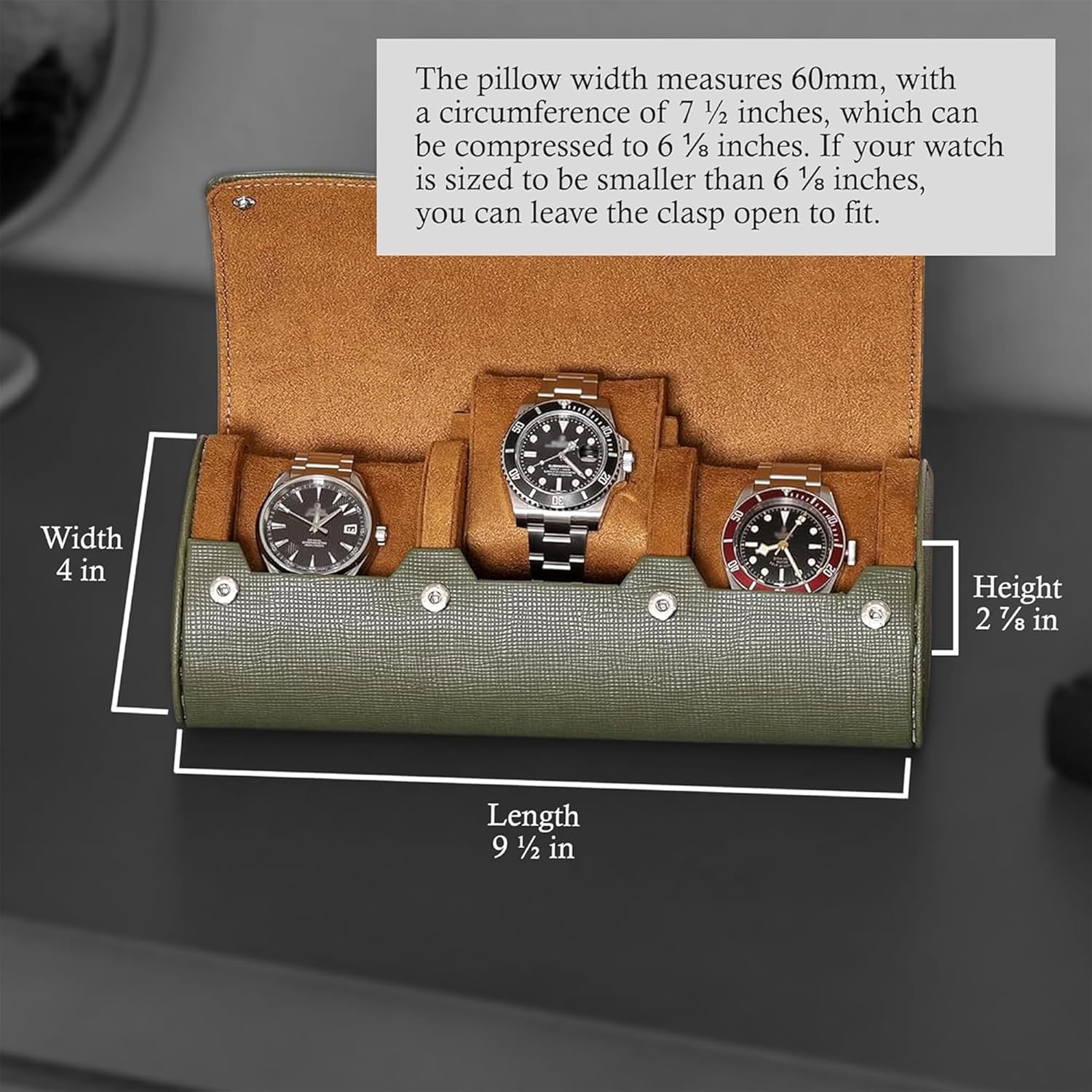 ROTHWELL Watch Roll Travel Case for 3 Watches | Tough Portable Protection, Fits All Wrist Watch & Smart Watches Up to 50mm (Green/Tan)