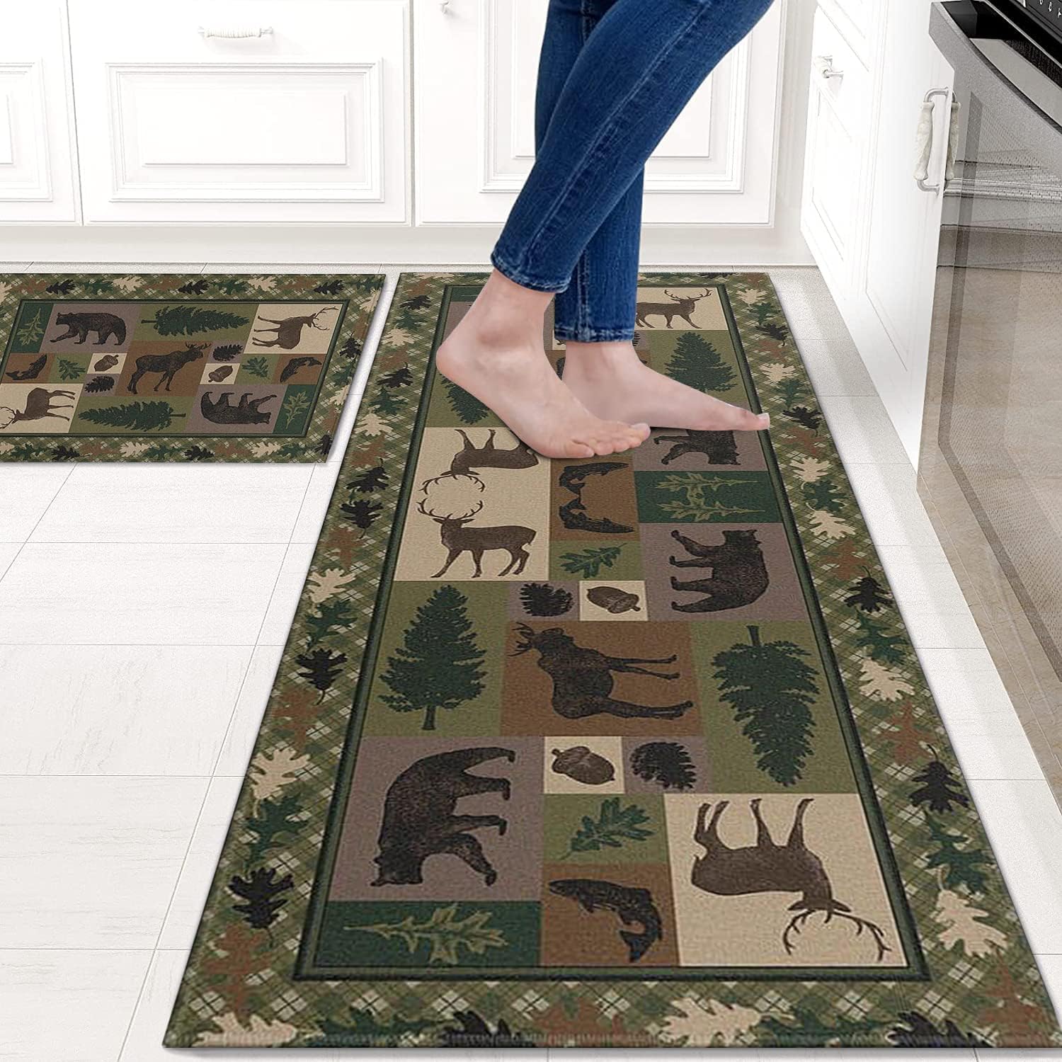 Faptoena Kitchen Rugs and Mats Sets of 2,Western Texas Wildlife Retreat Kitchen Decoration Non-Slip Absorbent Mats for Sink Waterproof Runner Rug for Laundry Room,17x30+17x48inch