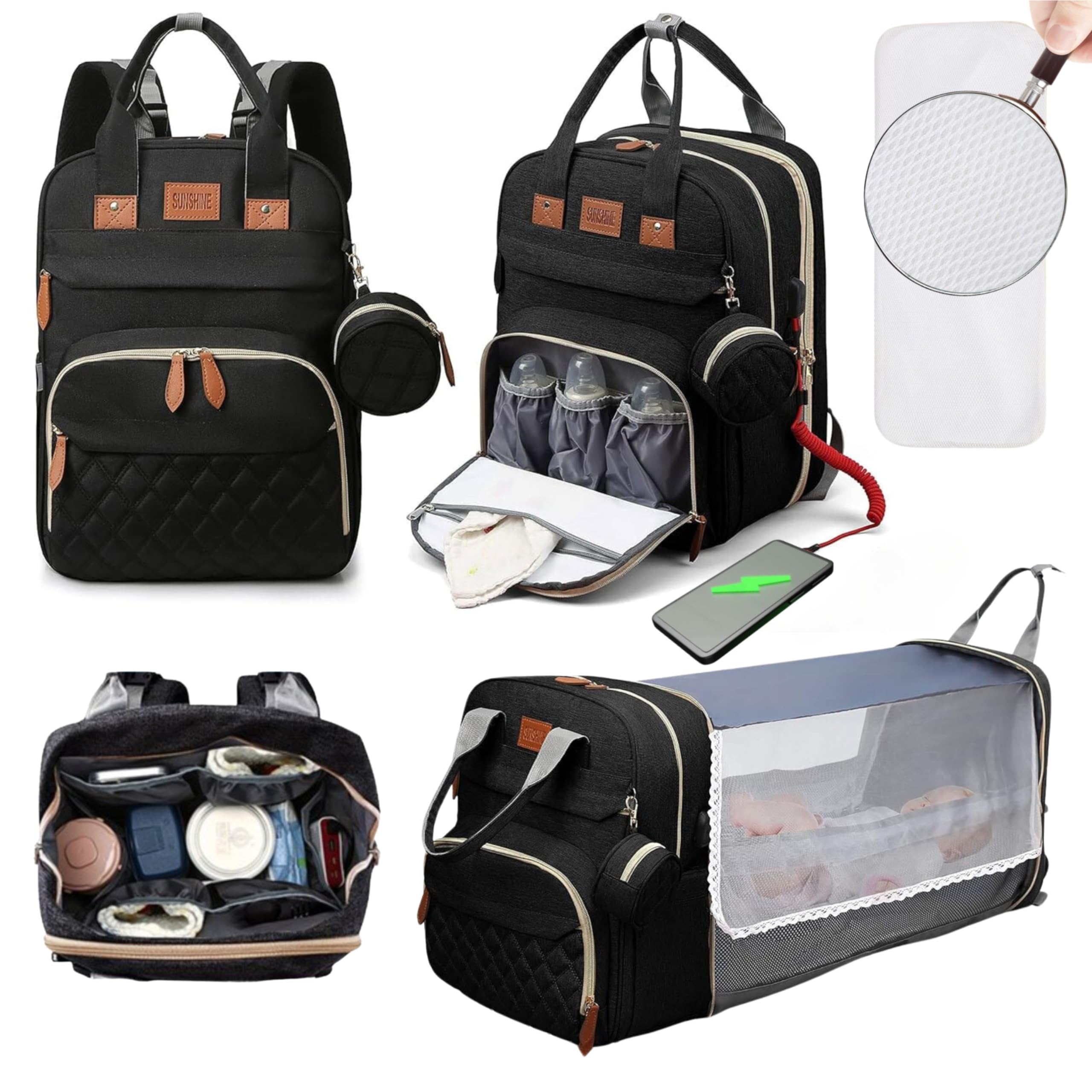 DESHELEN Mochila Carro Bebe con Cambiador, Pañaleras para bebes con Portabiberones Térmico, Bolso Carro bebe y Cuna, Mochila Maternidad con Puerto de Carga USB, 18 Bolsillos y Correas para Carrito
