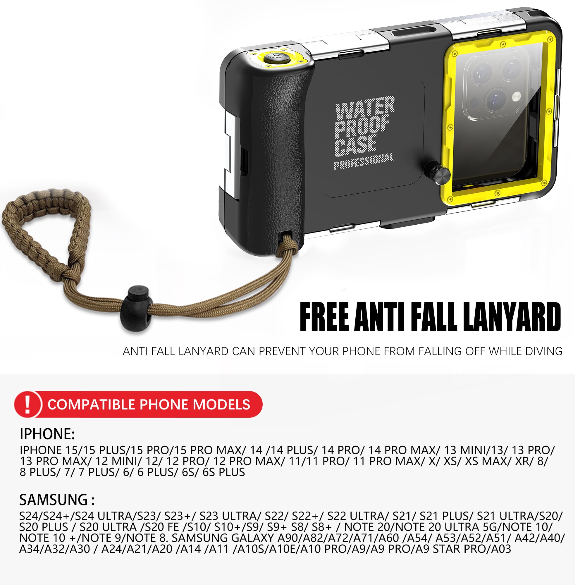 para iPhone 16e/15/14/13/12 Pro MAX Plus Buceo Funda, Universal IP68 15m Impermeable Bajo el Agua Carcasas para Celulares de 4,7''- 6,9'' para Exterior Natación Foto Video-Negro+Amarillo