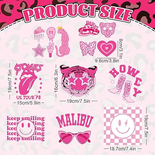 Miniatura 2 de Whaline 8 hojas de calcomanías de vinilo de transferencia de calor, color rosa intenso, parches de vinilo HTV para planchar, cara sonriente,