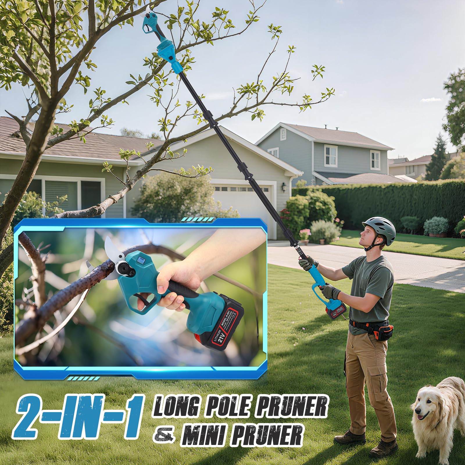 Sécateur électrique 2 en 1 avec écran LCD avec batterie 21 V, 2 x 3,0 Ah et barre d'extension de 2,3 m, diamètre de coupe 40 cm