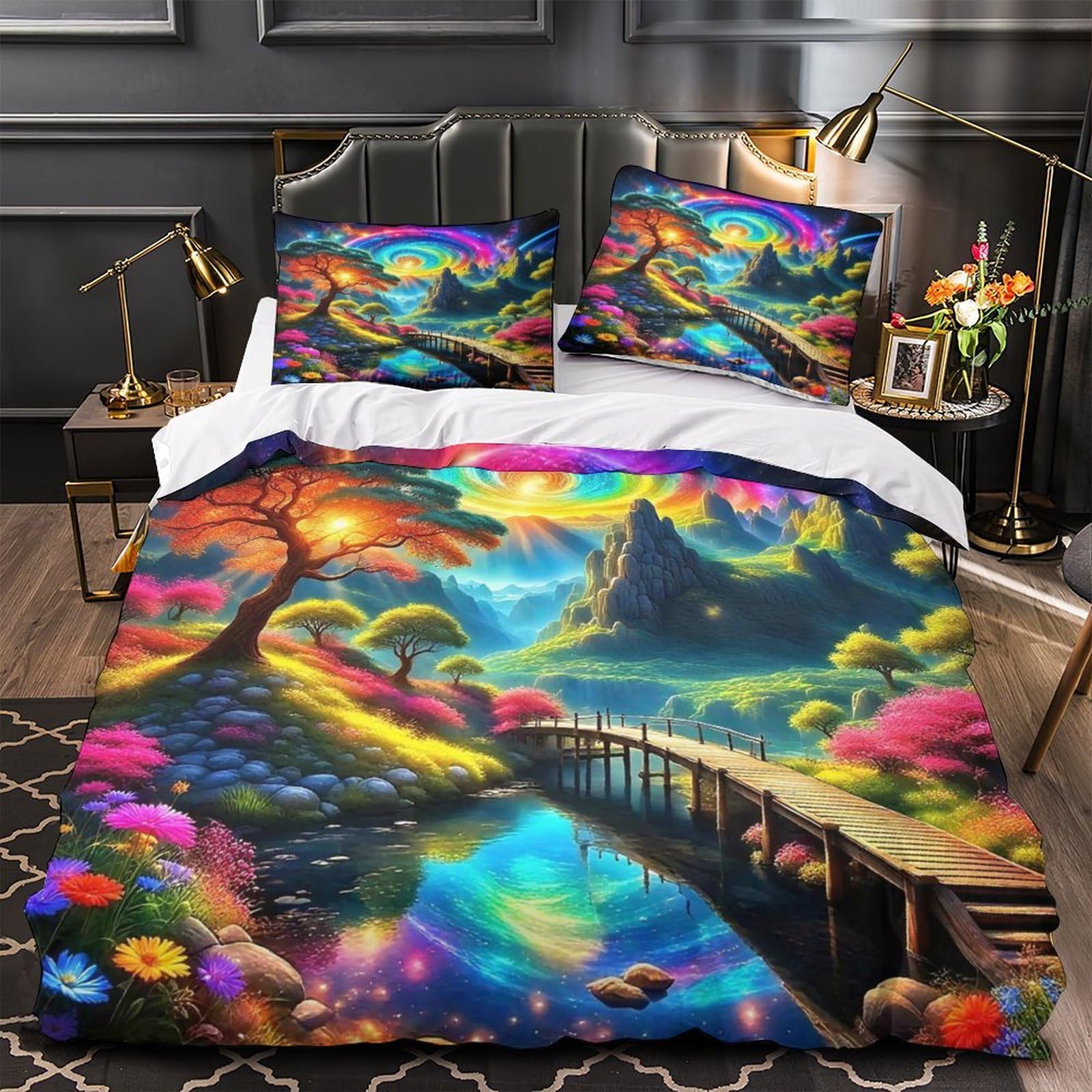 Housse de couette imprimée 3D paysage avec fermeture éclair cachée lit