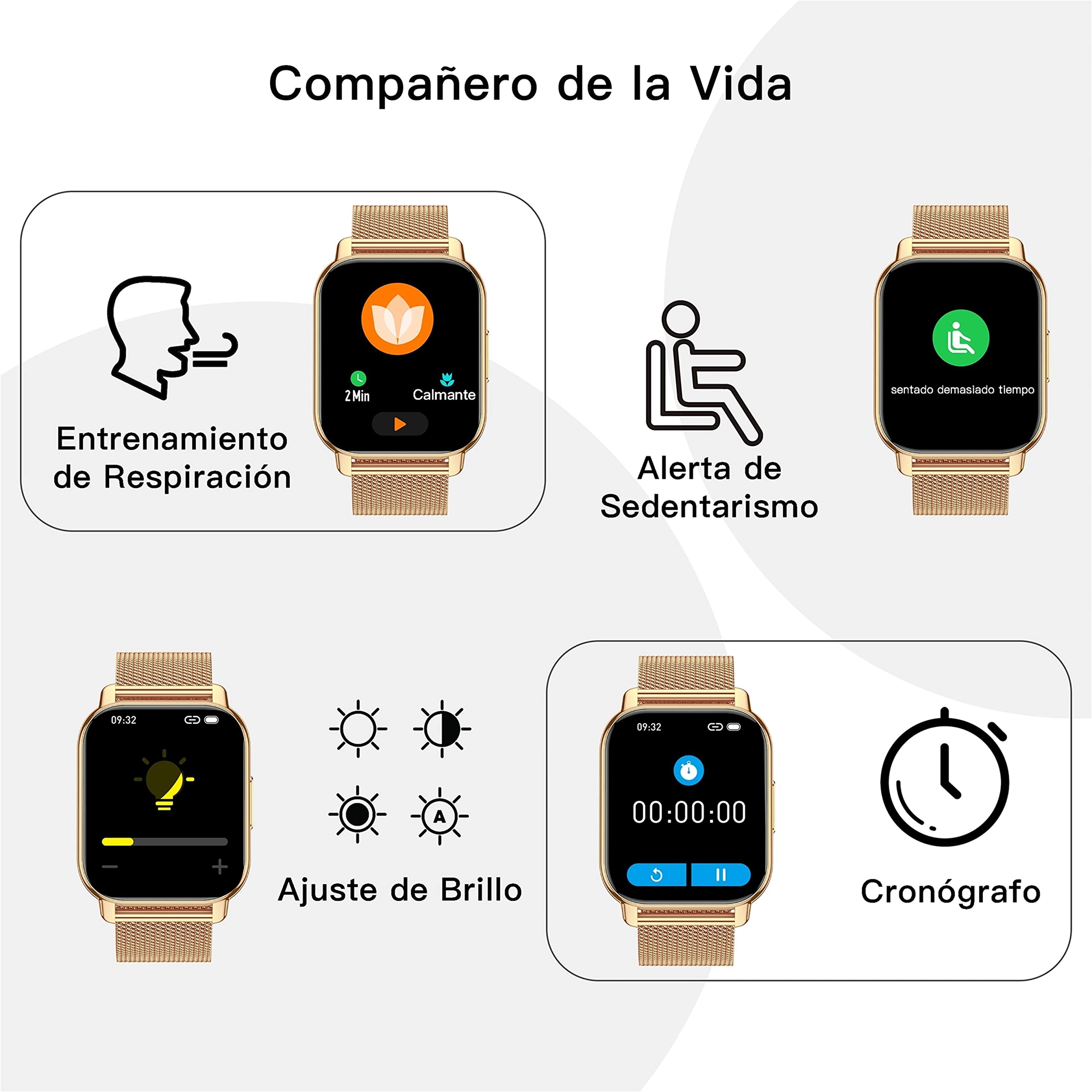 Popglory Reloj Inteligente Mujer, Llamadas/Presión Arterial/100+ Deportes Smartwatch Mujer, Frecuencia respiratoria Frecuencia Cardíaca Oxígeno en Sangre Sueño, Reloj Android iOS