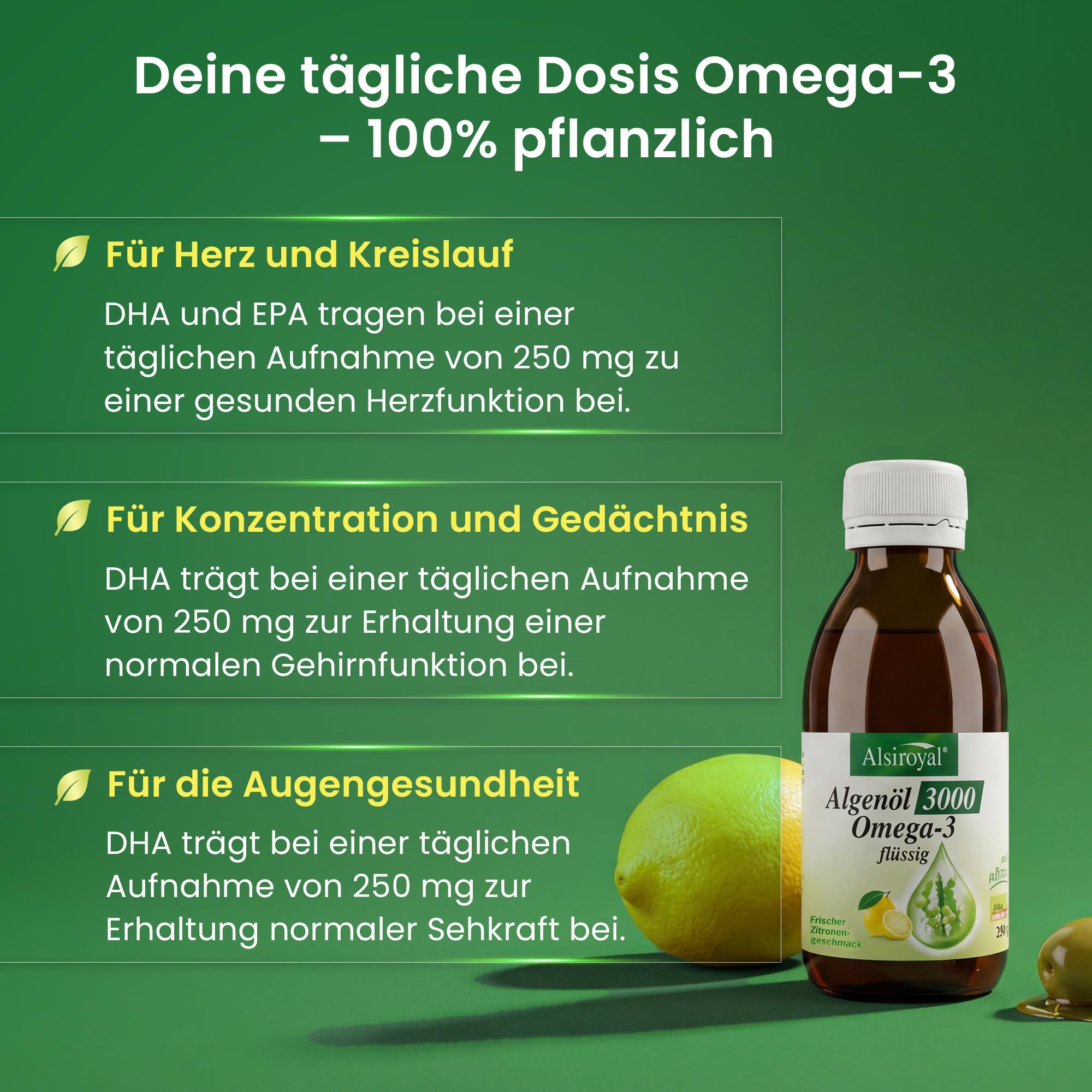 Alsiroyal Algenöl 3000 flüssig 200 ml Vorteilsgröße · 1090mg DHA+610mg EPA | 60% pflanzliches Omega-3 · vegane Alternative zu Fischöl · top Geschmack · stark für Herz, Augen, Gehirn · laborgeprüft