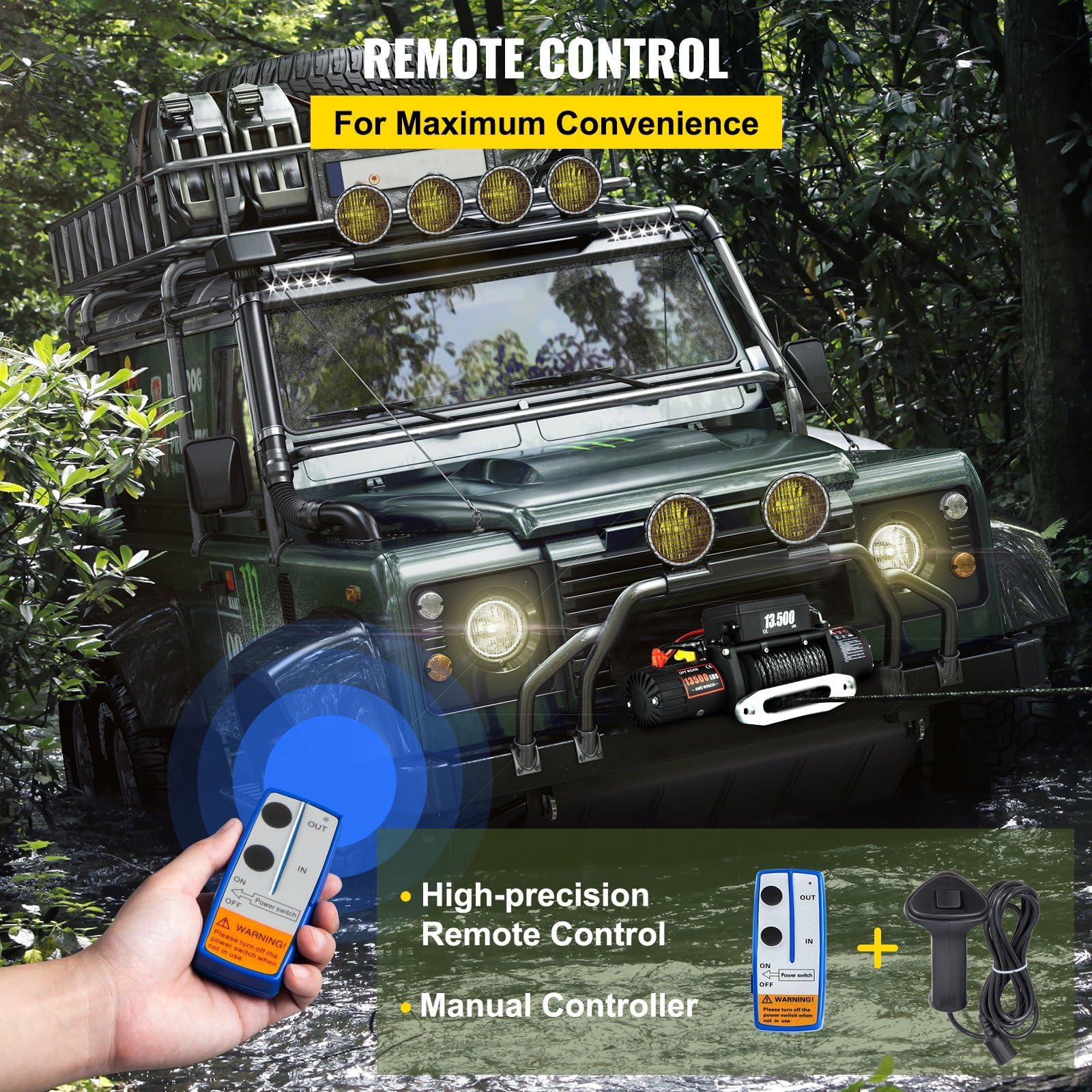 Verricello Elettrico 12 V 13500lb/6123kg CC con Cavo, IP68 Verricello Elettrico con 24m Corda Sintetica e Telecomando wireless×2, per carri rimorchi, fuoristrada, 4 x 4 veicoli,Traino UTV ATV etc.