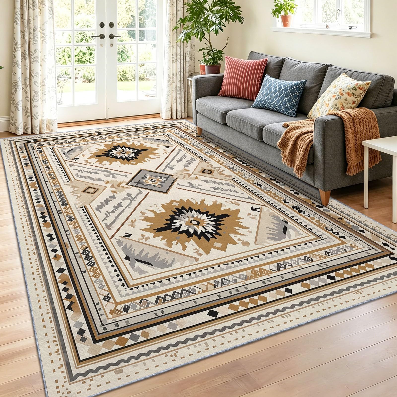 Waschbarer Teppich Wohnzimmer Suedwestlich Ethnisch, 80 x 150 cm Kurzflor rutschfest Teppich Weich Teppiche mit Druckmuster für Schlafzimmer, Esszimmer, Rauten Pfeile Geometrisch ZickzackBraun