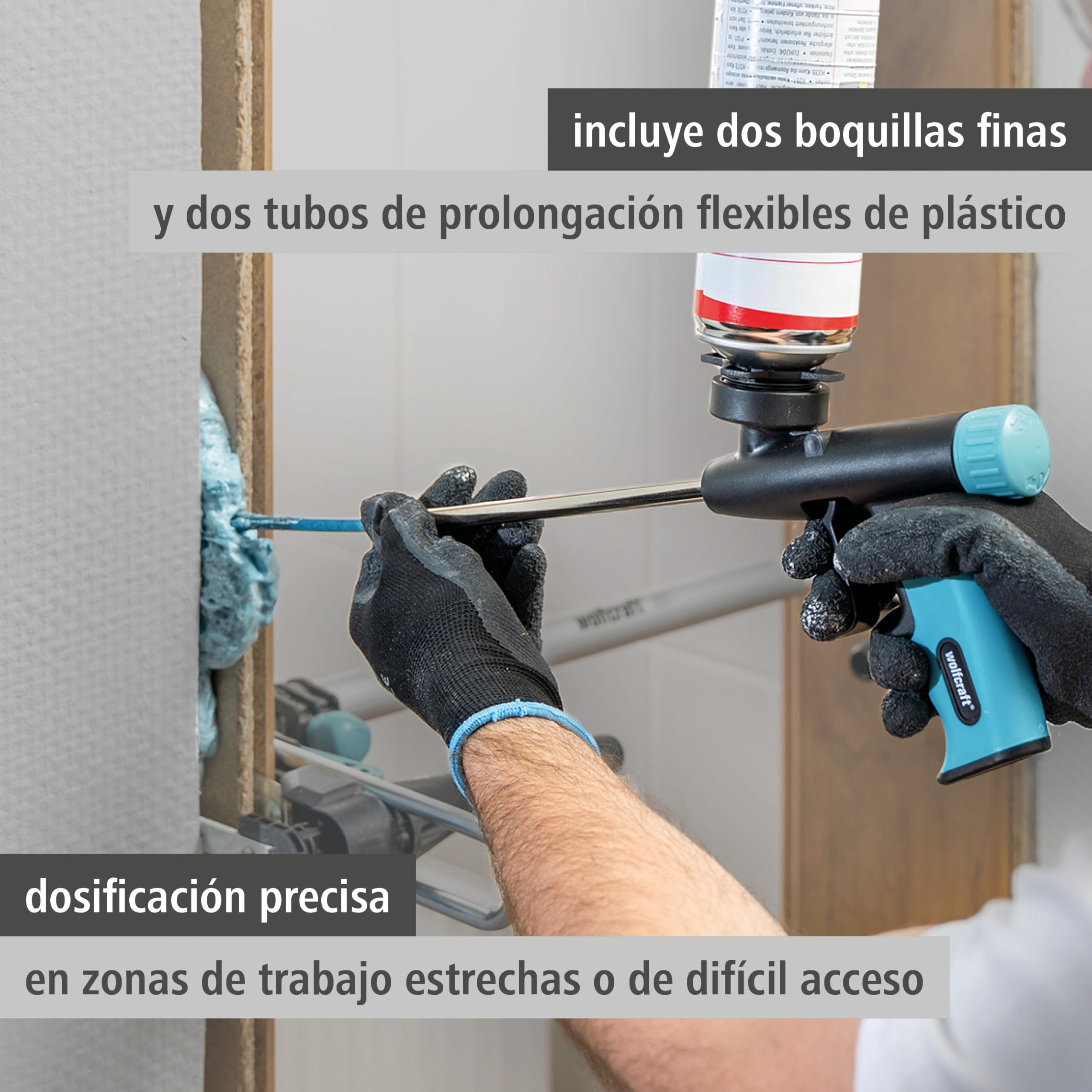 wolfcraft Pistola dosificadora para espuma de montaje I 4342000 I Pistola de alta calidad para el proyectos donde se utilice espuma de poliuretano (PU) como rellenar marcos de puertas y ventanas
