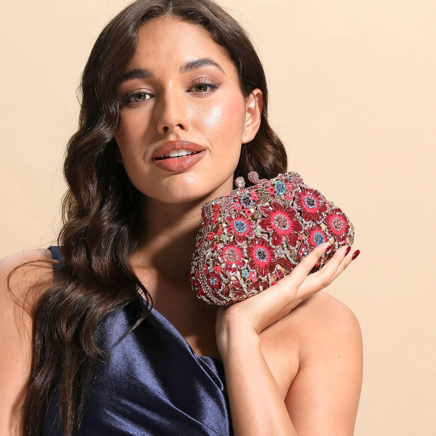 Boutique De FGG Flower Evening Bags Rhinestone Clutch Purses for Women Party Floral Crystal Clutch Wedding Prom Handbag,Mini