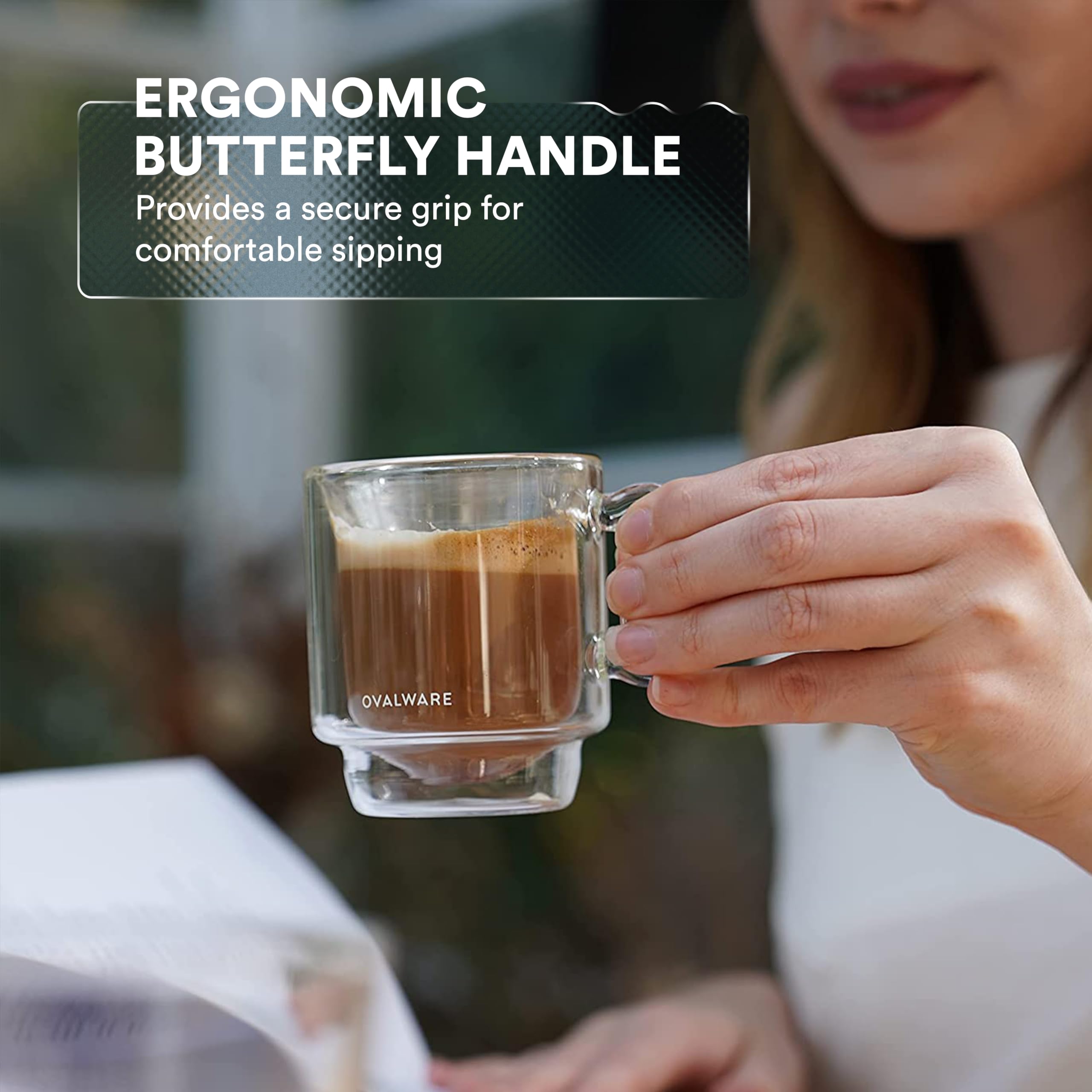 ovalware RJ3 Filiżanki do kawy espresso, 120 ml, zestaw 2 sztuk, podwójne ścianki z solidnym uchwytem motylkowym, elegancki kubek borokrzemowy do espresso z możliwością układania w stos, izolowane,