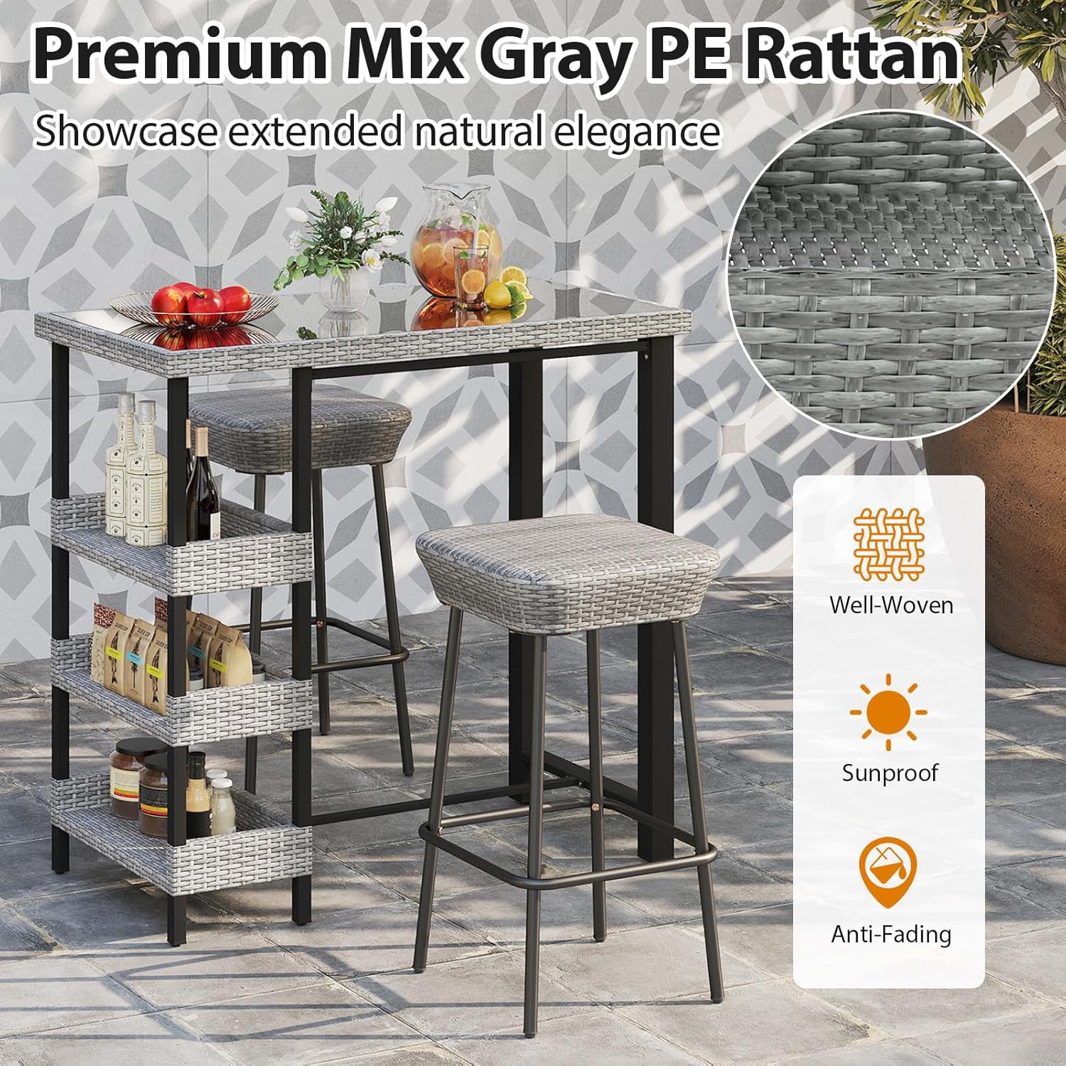 Tangkula 43.5” Outdoor Bar Table, Wicker Bar Height Dining Table w/Tempered Glass Top & 3 Rattan Shelves, Patio Metal Furniture w/Storage for Backyard, Poolside, Porch (Mix Gray)