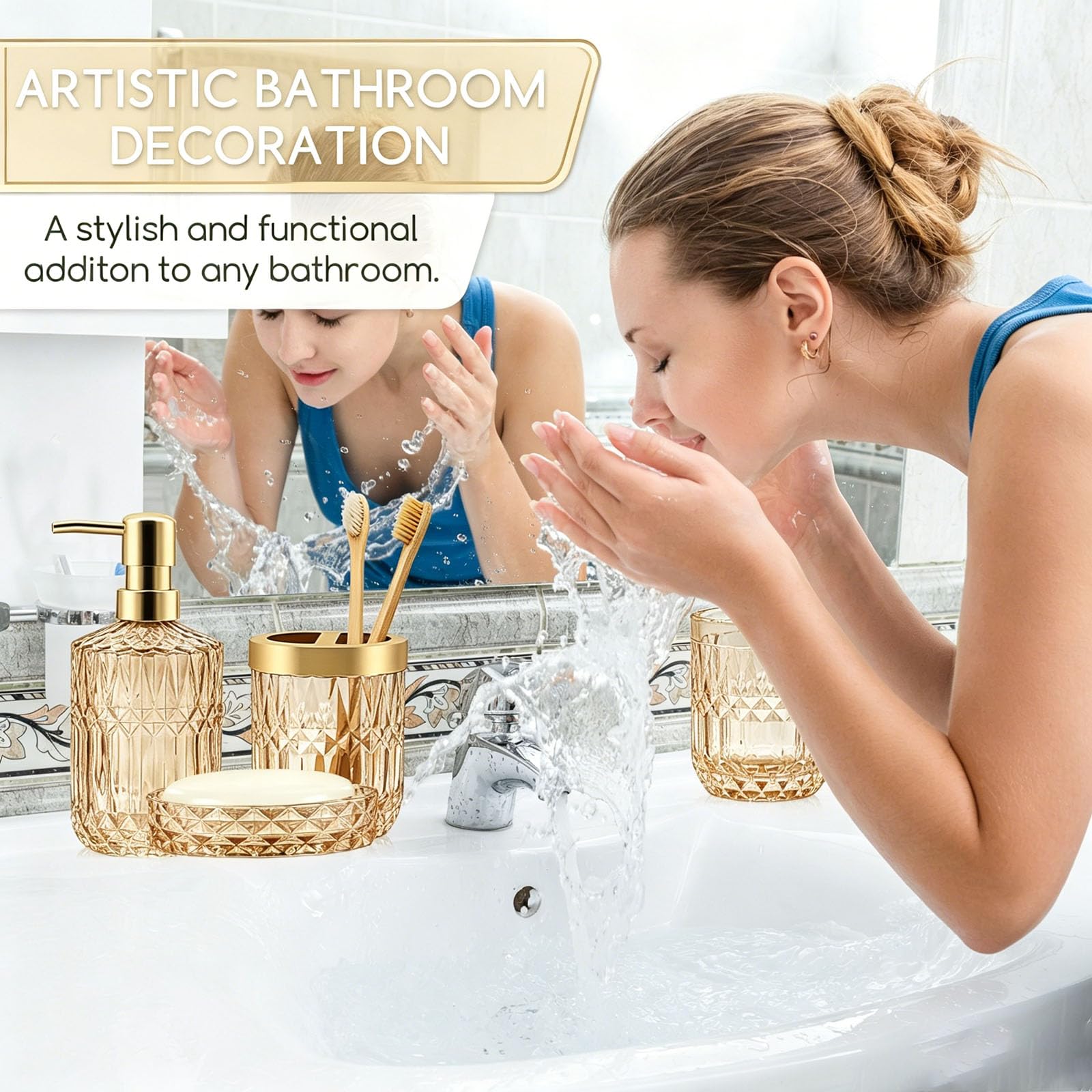 Set di 5 accessori da bagno in vetro dorato, dispenser di sapone con portasapone, portaspazzolino, contenitore di cotone, bicchiere, decorazione moderna per il bagno