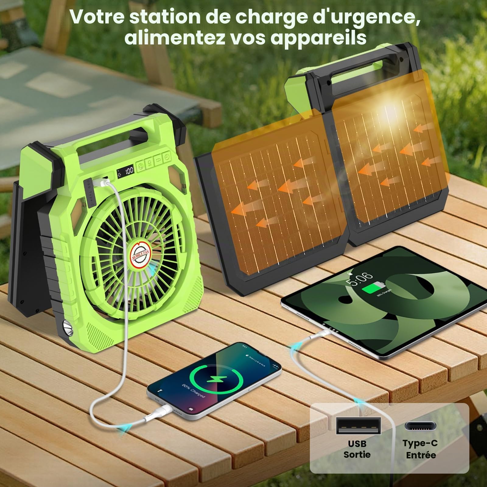 Ventilateur de Camping,Ventilateur Solaire con Batterie 20000mAh Rechargeable,2 Panneaux Solaires,Lumière LED,Lampe torche,Secouant la tête,Affichage Numérique,Minuterie pour Pêche Randonnée Voyage