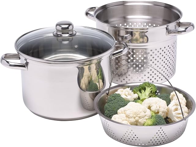 WORLD OF FLAVORS KitchenCraft Pasta Pot with Strainer and Vegetable Steamer Basket in Gift Box, Induction Safe, Stainless Steel, 4 Litre