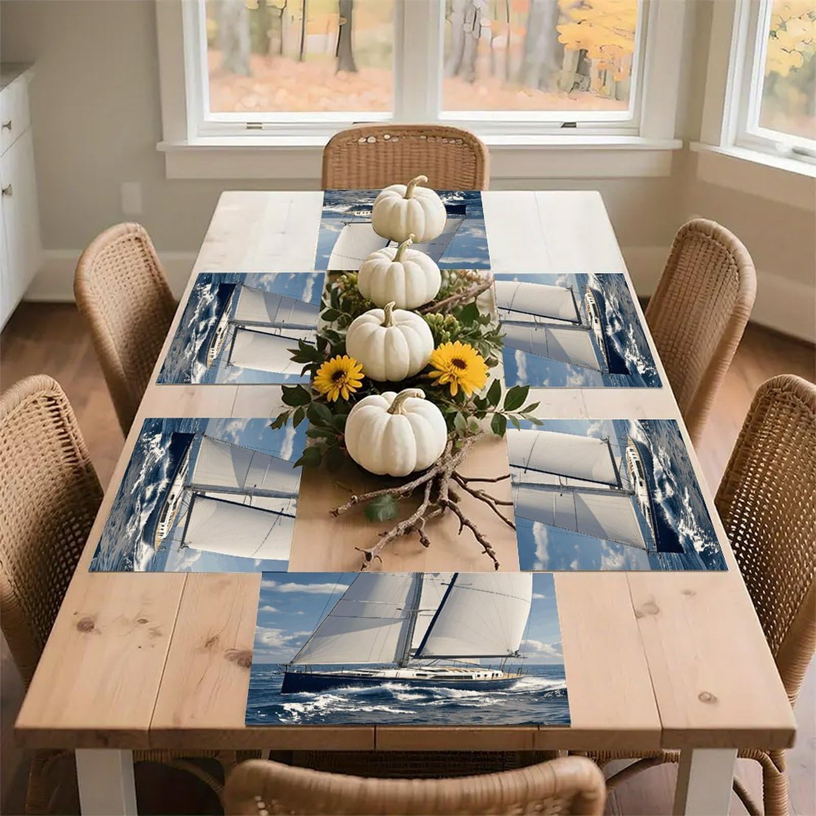 Nautical Sailboat Placemats Wipeable Heat Resistant Table Mats Washable Flax Place Mats Elegant Cloth Non-Slip Placemat for Kitchen Dinning Party Table Decor 12 * 18 in